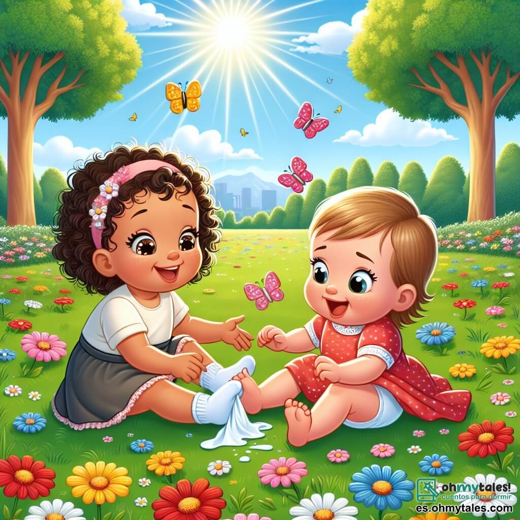 Ilustración que representa un parque soleado, lleno de flores coloridas con pétalos brillantes de rojo, amarillo y azul. En el centro, una niña de 1 año, con cabello rizado y ojos brillantes, está agachada en la hierba verde, sonriendo alegremente mientras sostiene un pequeño pañuelo en su mano. A su lado, otra niña, también de aproximadamente 1 año, con cabello liso y un vestido rosa, se levanta después de caer, con una expresión de sorpresa en su rostro. La escena muestra a las dos amigas, una consolando a la otra tras una pequeña caída, rodeadas de mariposas coloridas que vuelan alrededor de ellas. Al fondo, majestuosos árboles ofrecen sombra, y se oyen risas de niños, creando una atmósfera alegre y amigable.