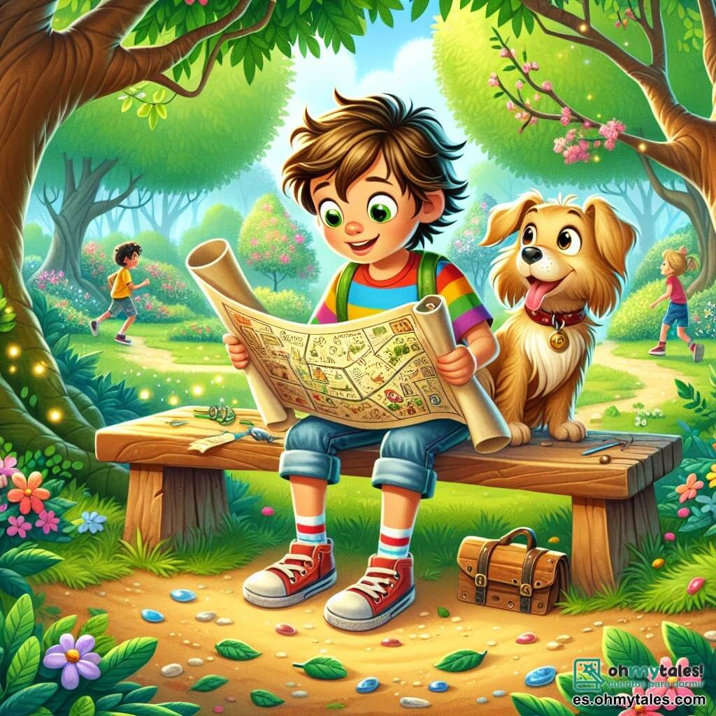 Ilustración que representa un magnífico parque en plena floración, con majestuosos árboles de hojas verdes brillantes y flores de colores esparcidas por el suelo. En el centro de esta escena, un niño de 11 años, con el cabello castaño desordenado y ojos brillantes de curiosidad, se inclina emocionado para examinar un viejo mapa enrollado en sus manos. Lleva una camiseta de rayas coloridas, un pantalón corto de mezclilla y zapatillas desgastadas, que atestiguan sus numerosas aventuras. A su lado, un perro de pelaje dorado, con ojos brillantes y cola moviéndose, observa atentamente a su dueño, listo para seguirlo en sus exploraciones. Juntos, descubren un tesoro escondido bajo un viejo banco, rodeado de hojas y pequeñas piedras brillantes. La situación principal muestra el momento en que el niño, maravillado, despliega el viejo mapa, revelando símbolos misteriosos y una gran "X" marcada en el centro, mientras el perro parece impaciente por partir a la aventura. Al fondo, niños juegan alegremente, añadiendo una atmósfera de camaradería y exploración a esta escena mágica.
