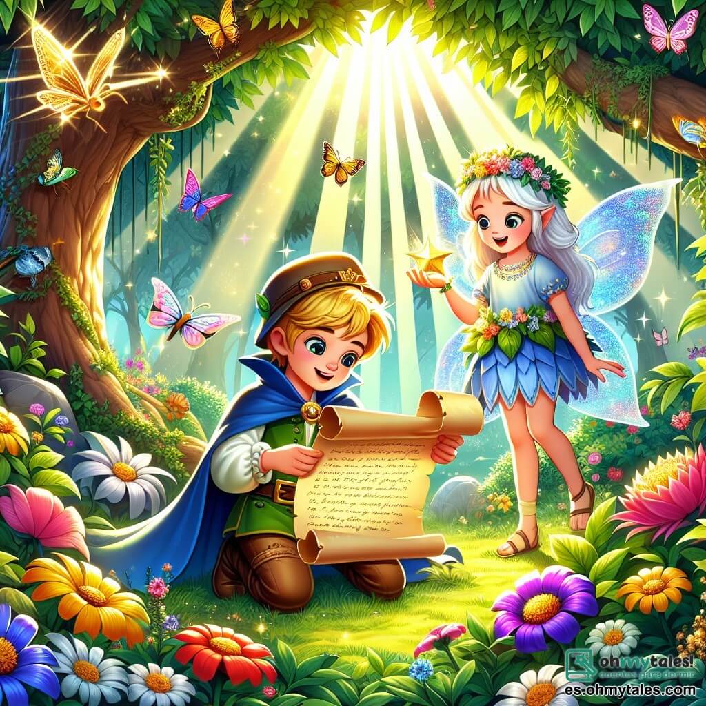 Ilustración que representa un hermoso jardín mágico, lleno de flores coloridas con pétalos brillantes, grandes árboles con hojas centelleantes y mariposas danzando en el aire. En el centro, un joven príncipe, un niño de unos diez años, con cabello dorado y ojos chispeantes, lleva una capa azul y un sombrero de explorador. Se inclina, examinando un antiguo y misterioso pergamino que encontró bajo un arbusto, su rostro iluminado por la curiosidad. A su lado, una pequeña hada, una niña de unos seis años, con alas brillantes y cabello plateado, sonríe con gratitud. Viste un vestido hecho de pétalos de flores y parece lista para ayudarlo en su aventura. La escena captura el momento en que el príncipe descubre el tesoro escondido en el jardín, rodeado de magia y asombro. Rayos de sol filtran a través de las ramas, iluminando el rostro del príncipe y creando una atmósfera encantada. A su alrededor, aves coloridas vuelan, añadiendo un toque de vida a esta aventura mágica.
