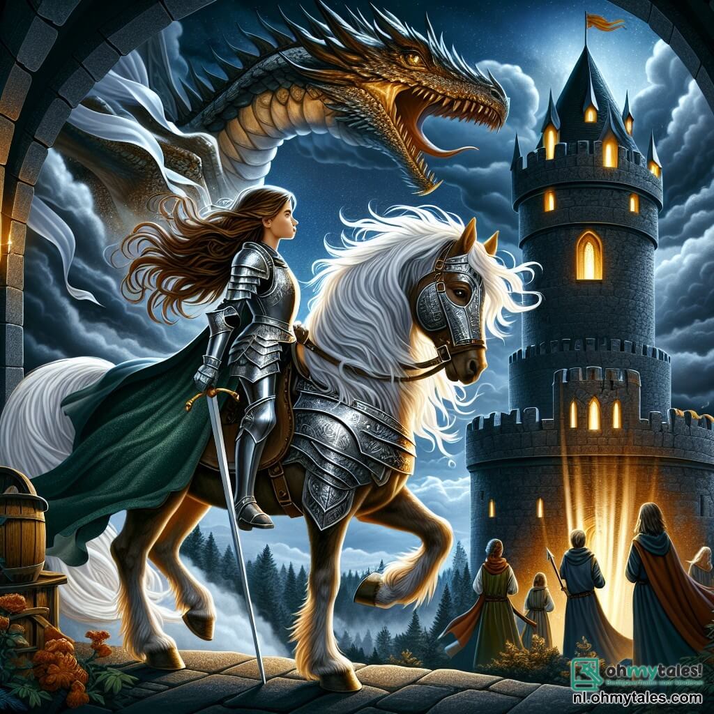 Illustratie van een boeiende scène binnenin een majestueuze middeleeuwse toren, omringd door donkere wolken en mysterieuze gloed. De toren, gemaakt van grijze stenen die door de tijd zijn versleten, is versierd met wapperende vlaggen, terwijl een gouden licht uit een hoog raam straalt en de omringende duisternis verlicht. Op de voorgrond staat een dappere ridderes met lange kastanjebruine haren die in de wind waaien, gekleed in glanzende harnas die het licht reflecteert. Haar gezicht is vastberaden, met ogen die schitteren van moed. Ze houdt haar zwaard stevig vast, klaar om het gevaar onder ogen te zien, terwijl een prachtig wit paard met zijdezachte manen naast haar staat en de toren aandachtig aankijkt. Op de achtergrond overziet een imposante draak met groene en gouden schubben de scène vanaf de top van de toren, zijn doordringende ogen gericht op de ridderes. Hij spreidt zijn majestueuze vleugels uit, waardoor er een schaduw op de grond valt, terwijl een groep dorpsbewoners, mannen en vrouwen van middelbare leeftijd, op afstand staat, hoopvol en bevreesd toekijkend, met gezichten die getekend zijn door angst en bewondering. De hoofdactie toont de ridderes die zich voorbereidt om de toren binnen te gaan om de prinses te redden, met de draak als een vreselijke bewaker. Bliksem verlicht de lucht, wat een dramatische sfeer toevoegt aan deze heroïsche scène, terwijl kleurrijke wilde bloemen rond de basis van de toren groeien, symbool voor hoop te midden van gevaar.