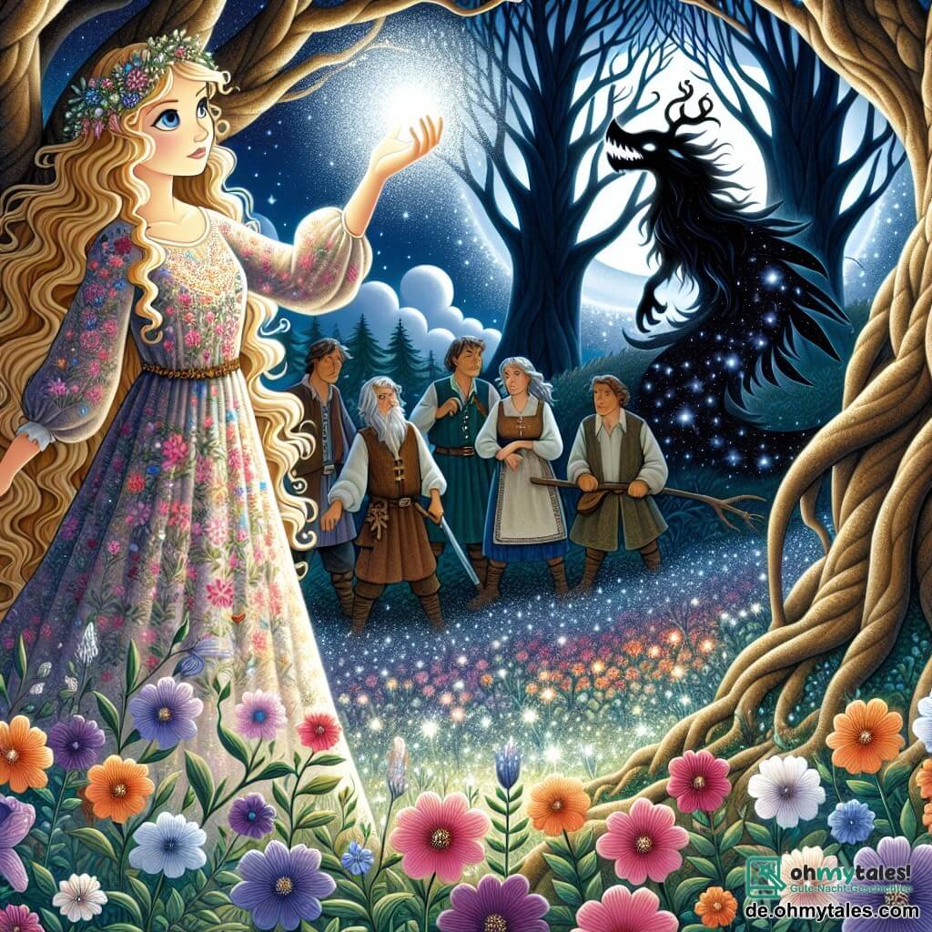 Illustration einer magischen Szene in einem verzauberten Wald, wo majestätische Bäume mit knorrigen Stämmen in einen sternenübersäten Himmel aufragen, erleuchtet von einem silbernen Mond. Bunte, glitzernde Blüten bedecken den Boden, während ein leichter Nebel zwischen den Wurzeln der Bäume tanzt. Im Zentrum des Bildes steht eine junge Frau mit langen, welligen Haaren, die wie goldene Fäden glänzen, mit einem entschlossenen Blick. Sie trägt ein leichtes Kleid in Blau- und Violetttönen, verziert mit floralen Mustern. In ihrer Hand hält sie einen funkelnden Kristall, der sanftes Licht ausstrahlt und ihr mutiges Gesicht erhellt. Um sie herum beobachten mehrere Dorfbewohner, Männer und Frauen mittleren Alters, mit Ausdruck von Staunen und Besorgnis die Szene. Sie sind in einfachen, naturverbundenen Kleidern gekleidet, und einige halten landwirtschaftliche Werkzeuge, die von ihrem Alltag zeugen. Die Hauptsituation zeigt die junge Frau, die einer dunklen Kreatur gegenübersteht, die aus dem Schatten der Bäume auftaucht. Die Kreatur, obwohl bedrohlich, beginnt sich zu verwandeln, ihr Aussehen mildert sich unter dem Licht des Kristalls. Lichtstrahlen emanieren vom Kristall und schaffen eine Atmosphäre von Magie und Hoffnung, während die Dorfbewohner im Hintergrund den Atem anhalten, Zeugen dieses entscheidenden Moments.