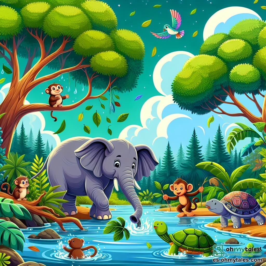 Ilustración que representa una escena vibrante en una jungla exuberante, donde árboles majestuosos con hojas verdes brillantes se elevan hacia un cielo azul salpicado de nubes blancas y esponjosas. En el centro, una elefanta graciosa, con grandes orejas en forma de paraguas y una trompa que parece tocar una dulce melodía, se activa alegremente limpiando un arroyo, sus patas robustas hundiéndose ligeramente en el agua clara. A su lado, un pequeño mono travieso con ojos brillantes y pelaje marrón trepa por una rama, observando con curiosidad y lanzando hojas al agua para ayudar. Una tortuga sabia, con un caparazón decorado con patrones, nada lentamente, mientras un pájaro colorido vuela por encima, cantando alegremente. La escena irradia una atmósfera de camaradería y alegría, con salpicaduras de agua y hojas flotantes, ilustrando el esfuerzo colectivo por limpiar el arroyo y preservar la belleza de su hábitat.