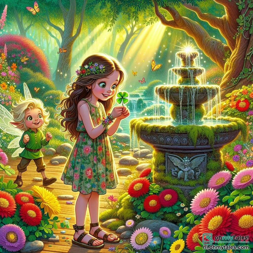 Illustratie van een prachtige en mysterieuze betoverde tuin, vol kleurrijke bloemen met stralende rode, gele en paarse bloemblaadjes. In het midden staat een oude stenen fontein bedekt met mos, waar helder water uit stroomt, glinsterend in de zon. Op de voorgrond staat een 9-jarig meisje met lange golvende bruine haren, gekleed in een lichte jurk met bloemenpatroon en sandalen. Ze heeft sprankelende nieuwsgierige ogen en een stralende glimlach terwijl ze zich vooroverbuigt om een klavertje vier te bekijken, dat ze voorzichtig tussen haar vingers houdt. Dichtbij observeert een klein magisch wezen met glinsterende vleugels, dat op een fee lijkt, het meisje. Het heeft gouden haren en draagt een groene tuniek, zijn ogen stralen intelligentie en ondeugendheid uit. Het lijkt klaar om haar een geheim te onthullen. De hoofdscène toont het meisje dat het klavertje vier ontdekt, dat een zachte gouden gloed uitstraalt, terwijl de fee haar aanmoedigt met een samenzweerderige glimlach. Op de achtergrond creëren majestueuze bomen en stralen licht die door de bladeren filteren een magische sfeer. Kleurrijke vlinders vliegen rond en voegen leven toe aan deze betoverde scène.
