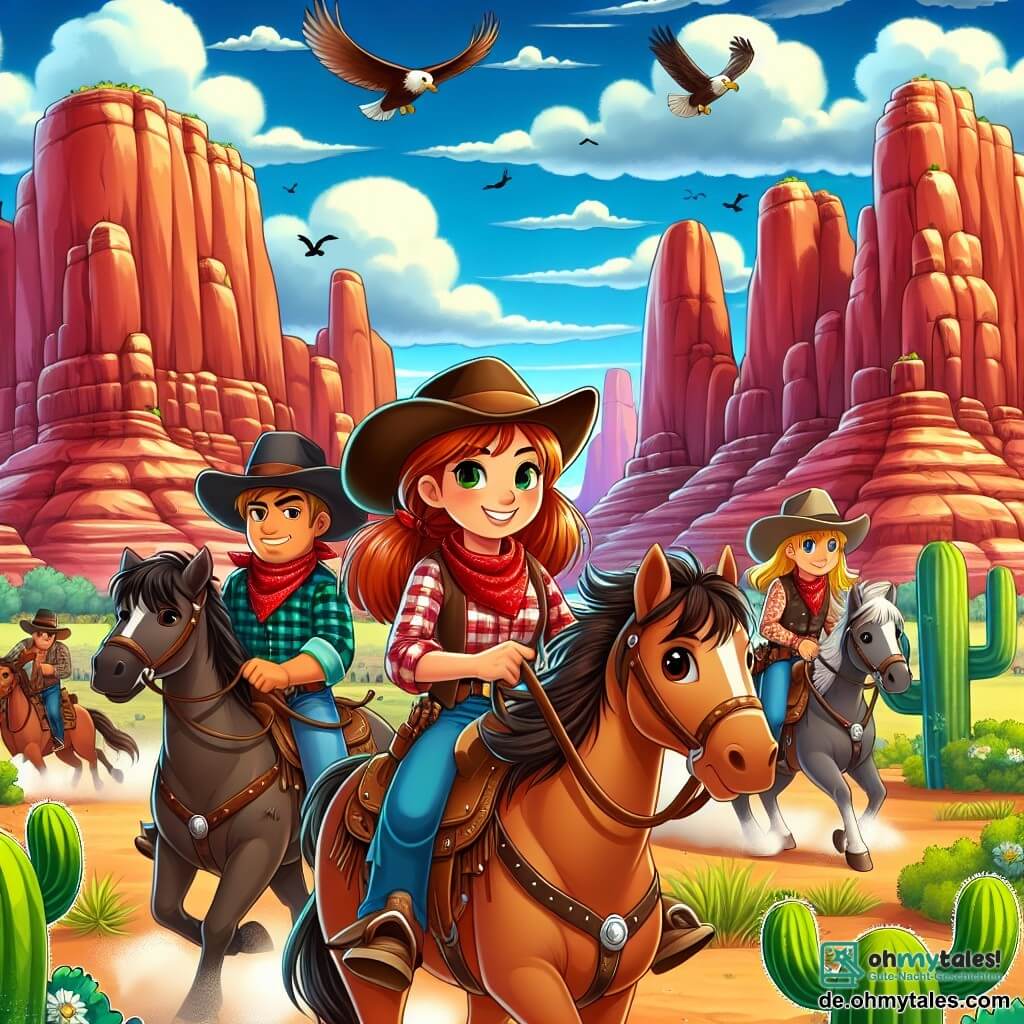 Eine Illustration zeigt eine fesselnde Szene in einem majestätischen Canyon, wo hohe rote Felswände unter einem strahlend blauen Himmel mit flauschigen weißen Wolken aufragen. Im Vordergrund leitet eine etwa 20-jährige Cowgirl mit braunen, geflochtenen Haaren, einem Cowboyhut und einem karierten Hemd eine Gruppe von Pferden zu einer Lichtung. Ihr entschlossenes und lächelndes Gesicht zeigt ihren Mut. An ihrer Seite reiten zwei Cowboys, einer etwa 30 Jahre alt mit einem roten Bart und einem roten Bandana um den Hals, der andere ein 18-jähriger junger Mann mit blonden Haaren und funkelnden Augen. Sie beobachten die Umgebung und sind bereit zu handeln. Die Hauptsituation zeigt die Gruppe in Aktion, während sie sich darauf vorbereitet, eine Bande von Dieben zu überraschen, die sich in den Felsen versteckt hält. Zusätzliche grafische Elemente umfassen verstreute Kakteen, Vögel, die am Himmel fliegen, und Schatten, die von den Felsen geworfen werden, was eine Atmosphäre von Abenteuer und Kameradschaft im Wilden Westen schafft.