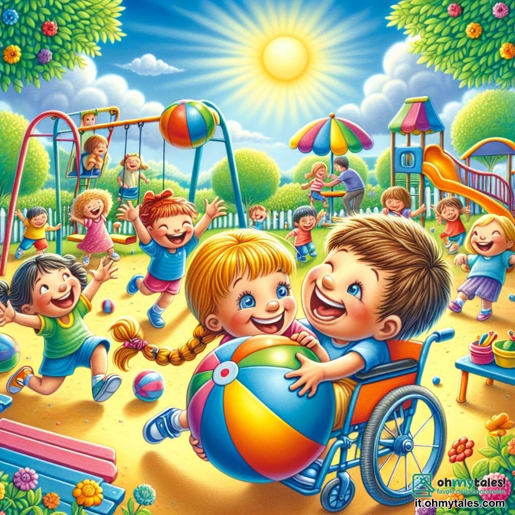 Illustrazione che rappresenta un centro estivo soleggiato, pieno di colori vivaci. In primo piano, un grande parco giochi con altalene e uno scivolo multicolore, circondato da alberi verdi e fiori brillanti. Tre bambini sono al centro della scena: un ragazzo di circa 8 anni, con capelli castani e occhiali, sorridente e con una grande palla colorata; una ragazza di circa 7 anni, con capelli biondi in trecce, saltellante di gioia con un ampio sorriso; e un ragazzo di circa 9 anni, in sedia a rotelle, con capelli castani e una maglietta blu, che ride e lancia la palla verso i suoi amici. La scena principale mostra i bambini che giocano insieme, ridendo e divertendosi, creando un'atmosfera di amicizia e gioia. Sullo sfondo, altri bambini giocano, adulti sorvegliano e un cielo blu splendente con alcune nuvole bianche aggiunge un tocco di magia a questa bella giornata estiva. Gelati dai colori vivaci sono visibili su un tavolo accanto, contribuendo all'atmosfera festosa.