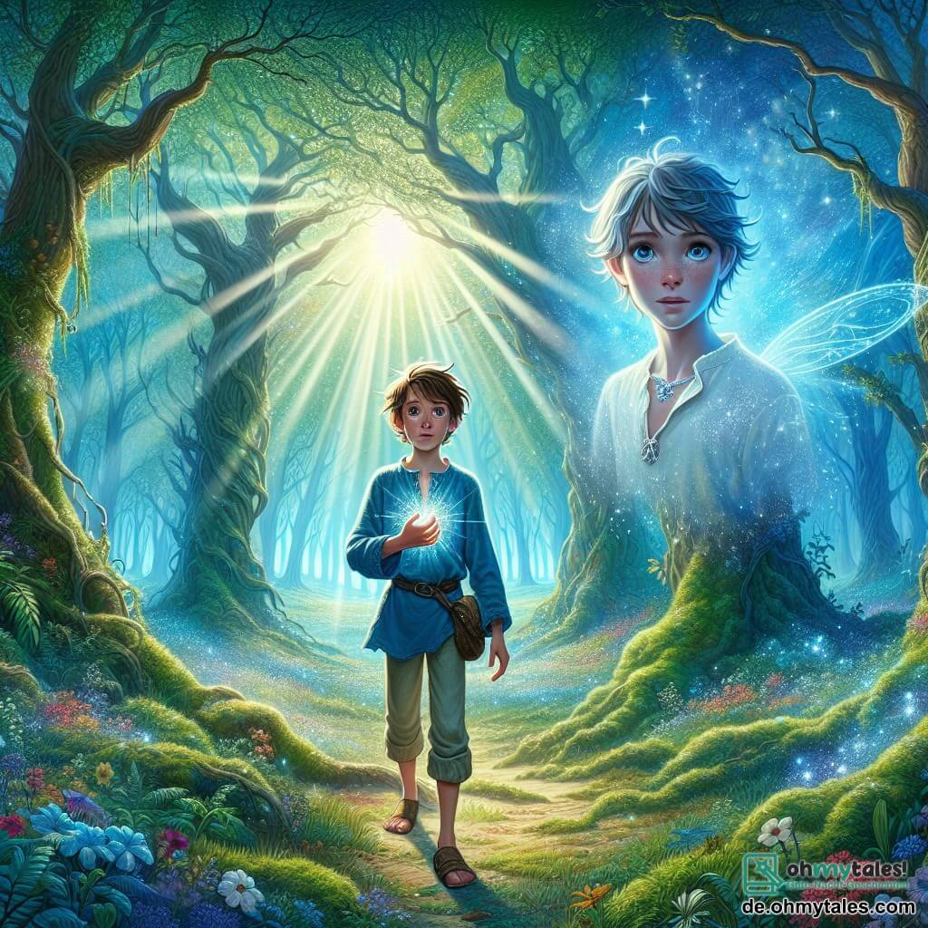 Illustration, die eine magische Szene in einem verzauberten Wald darstellt, wo große Bäume mit knorrigen Stämmen in einen strahlend blauen Himmel aufragen, der mit flauschigen weißen Wolken übersät ist. Sonnenstrahlen filtern durch das dichte Laub und schaffen leuchtende Muster auf dem mit grünem Moos und bunten Blumen bedeckten Boden. Im Zentrum des Bildes steht mutig ein 11-jähriger Junge mit zerzausten kastanienbraunen Haaren und neugierigen, funkelnden Augen. Er trägt eine blaue Tunika und eine Stoffhose und hält fest einen leuchtenden Talisman in seiner Hand, sein Gesicht drückt sowohl Entschlossenheit als auch Staunen aus. An seiner Seite schwebt eine ätherische Gestalt, ein Lichtwesen, leicht über dem Boden. Dieses Wesen, das etwa 15 Jahre alt zu sein scheint, hat zarte Züge, silberne Haare und Augen, die wie Sterne funkeln. Sie strahlt eine Aura von Weisheit und Sanftheit aus und reicht dem Jungen die Hand, um ihn auf seiner Suche zu ermutigen. Die Hauptsituation zeigt den Jungen, der bereit ist, sich einer großen Herausforderung zu stellen, während eine dunkle Wolke der Finsternis am Horizont auftaucht und droht, den Wald zu überziehen. Lichtblitze emanieren von dem Amulett, das die Macht symbolisiert, die er hat, um diese Dunkelheit zu bekämpfen. Magische Kreaturen, wie Feen und bunte Vögel, fliegen um sie herum und verleihen dieser Abenteuerszene Leben und Magie.
