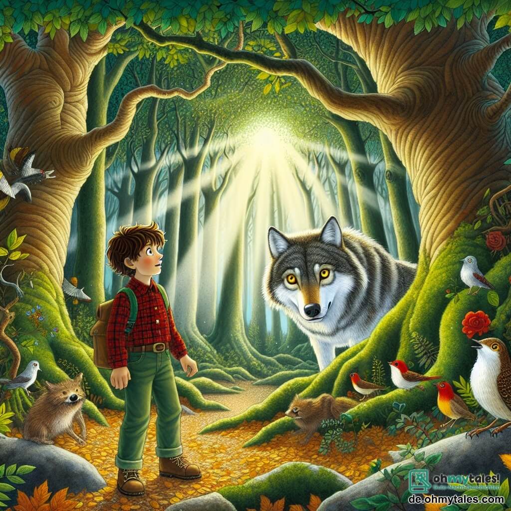 Eine Illustration zeigt eine Szene in einem verzauberten Wald, wo große, knorrige Bäume in den blauen Himmel mit weißen Wolken ragen. Sonnenstrahlen filtern durch das Laub und erzeugen tanzende Schatten auf dem mit goldenen Blättern bedeckten Boden. Im Zentrum des Bildes steht ein 11-jähriger Junge mit kastanienbraunen Haaren und neugierigen Augen entschlossen da. Er trägt ein rotes Karottenhemd und eine Stoffhose und hat einen kleinen Rucksack über der Schulter. Sein Gesicht drückt sowohl Aufregung als auch leichte Nervosität aus, während er einen majestätischen Wolf anblickt. Der Wolf mit seinem silbergrauen Fell und goldenen Augen steht majestätisch auf einem Stein, sein intensiver Blick ist auf den Jungen gerichtet. Er strahlt eine sowohl bedrohliche als auch weise Aura aus, als wäre er sowohl Wächter als auch Gegner. Im Hintergrund beobachten Waldkreaturen wie bunte Vögel und neugierige kleine Nagetiere die Szene und verleihen der Illustration Leben und Magie. Die spürbare Spannung zwischen dem Jungen und dem Wolf sowie die mystische Atmosphäre des Waldes fangen das Wesen dieser entscheidenden Begegnung in der Geschichte ein.