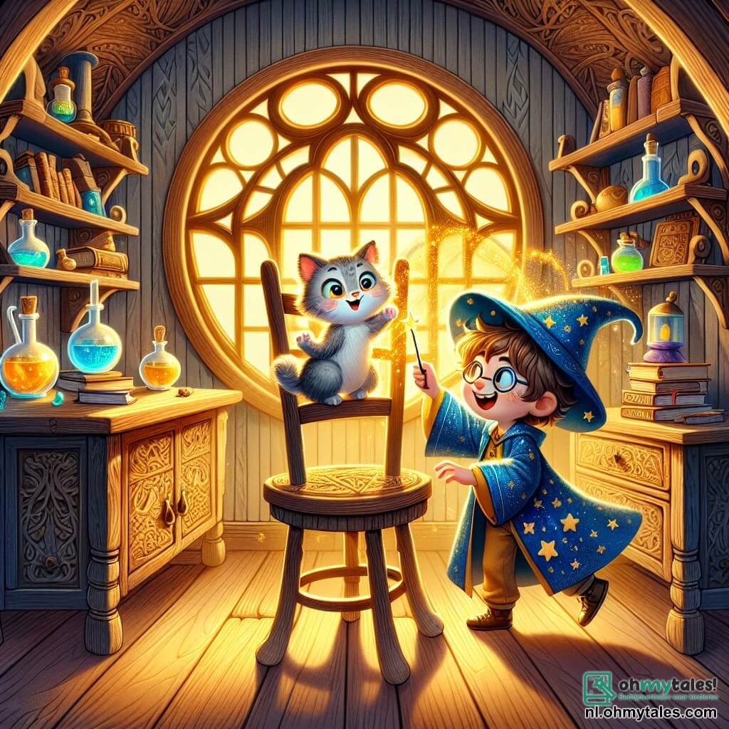 Illustratie van een magische cottage-interieur, met gebeeldhouwde houten muren en ronde ramen die gouden licht binnenlaten. In het midden staat een massieve houten tafel, versierd met toverspreukenboeken en kleurrijke potionflessen, terwijl een dansende stoel ernaast staat, met voeten die vrolijk bewegen. Een jonge jongen van ongeveer 8 jaar met tousled haar en ronde brillen draagt een blauwe tovenaarsrobe met fonkelende sterren. Hij houdt een magische staf vast die straalt met een gouden gloed en glimlacht enthousiast. Naast hem zit een kleine grijze kat met sprankelende ogen en een ondeugende uitstraling op de tafel, lachend met een opgetilde poot alsof ze applaudisseert. De scène toont de jongen die met zijn staf een gebaar maakt, terwijl de stoel naast hen vrolijk danst, met zijn voeten in de lucht. Muzieknoten zweven rond de stoel en fonkelende sterren komen van de magische staf, wat een vleugje magie en humor aan het geheel toevoegt.