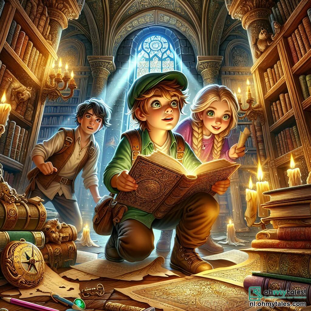 Illustratie die een boeiende scène in een oude bibliotheek van een mysterieus kasteel weergeeft. De muren zijn bedekt met stoffige boeken, met houten boekenplanken en grote ramen die gouden stralen licht binnenlaten en de kamer verlichten. In het midden zit een 9-jarig jongetje met rommelig bruin haar en een groene pet, terwijl hij een oud open boek voor zich houdt. Zijn gezicht toont verwondering en nieuwsgierigheid. Naast hem bladert een 10-jarig meisje met lange blonde vlechten en een ondeugende glimlach door een ander boek, haar ogen sprankelend van opwinding. Een 9-jarig, gespierd jongetje met kort haar en een vastberaden uitstraling onderzoekt een grote oude kaart die op een houten tafel ligt. De hoofdscène toont de drie vrienden die aanwijzingen ontdekken over een mysterieuze schattenjacht, omringd door glinsterende schatten en oude voorwerpen. Verspreide vellen papier, kleurpotloden en een oud kompas voegen een vleugje avontuur toe aan de illustratie, terwijl een sfeer van magie en mysterie in de lucht hangt.