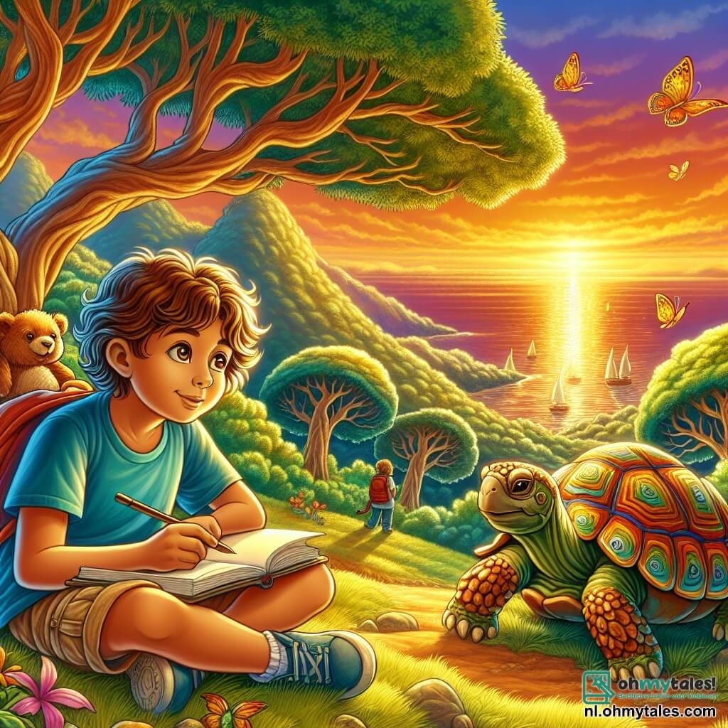 Illustratie van een magische scène op een groene heuvel, verlicht door het gouden licht van de ondergang. Op de achtergrond dansen majestueuze bomen met schitterende bladeren zachtjes in de wind, terwijl een glinsterende zee zich aan de horizon uitstrekt, de warme kleuren van de lucht reflecterend. Op de voorgrond zit een 9-jarig jongetje met kastanjebruin, krullend haar, gekleed in een blauwe t-shirt en een beige short. Hij zit met gekruiste benen op het gras, met een verwonderde blik op zijn gezicht. In zijn handen houdt hij een open notitieboek, waarin hij afbeeldingen tekent van wat hij tijdens zijn avontuur heeft ontdekt. Zijn ogen stralen nieuwsgierigheid en enthousiasme uit. Naast hem zit een wijze schildpad met een grote glimlach en een schild versierd met kleurrijke patronen, die het jongetje vriendelijk observeert. Ze lijkt oud, met rimpels die haar wijsheid getuigen, en lijkt klaar om nog meer kennis te delen. De hoofdscène toont het jongetje in diepe gedachten, verdiept in zijn tekeningen, terwijl de schildpad zachtjes met hem praat en hem levens- en natuurlessen bijbrengt. Kleurrijke vlinders fladderen om hen heen en voegen een vleugje magie toe aan deze vredige en filosofische scène.