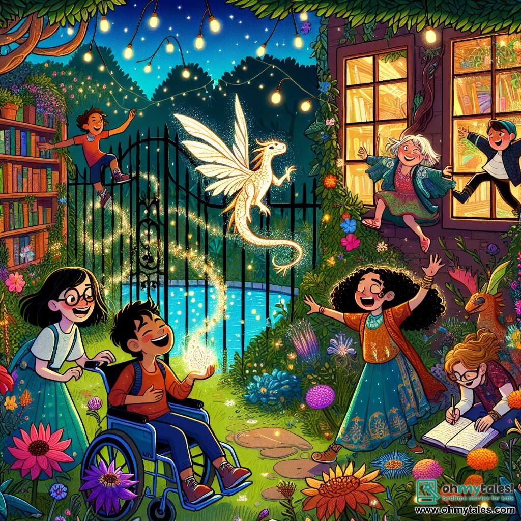 An illustration depicts a secret garden hidden behind an old library, filled with colorful flowers dancing in a gentle breeze, trees with shimmering leaves, and a pond lit by fireflies. In the center, a 10-year-old girl with brown hair and glasses sits in a blue wheelchair, holding a shiny rock in her hands, her face beaming with excitement. Next to her, a 9-year-old girl with curly hair and a mischievous smile watches a small dragon with sparkling scales joyfully flying around them. Another 10-year-old boy with blond hair and colorful clothes dances and laughs, while a 9-year-old girl with long black hair sketches the dragon in her notebook. The scene captures the energy of a magical adventure, with fantastic creatures and bursts of light emanating from the garden, creating an atmosphere of wonder and camaraderie.