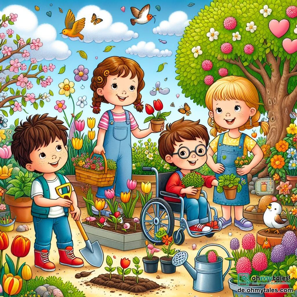 Illustration eines üppigen Gartens im Frühling, gefüllt mit bunten Blumen wie Tulpen und Narzissen, mit blühenden Bäumen und einem blauen Himmel, der mit flauschigen weißen Wolken gesprenkelt ist. In der Mitte versammelt sich eine Gruppe von vier Kindern: ein 12-jähriges Mädchen mit lockigem braunem Haar, das lächelt und eine kleine Schaufel hält, und ein 12-jähriger Junge mit Brille und kastanienbraunem Haar, der sich auf das Pflanzen von Tomaten konzentriert. Neben ihnen steht ein 11-jähriges Mädchen mit geflochtenem blonden Haar, die mit verschränkten Armen Geschichten erfindet, während sie die Blumen beobachtet, und ein 12-jähriger Junge im Rollstuhl, der mit einem großen Lächeln einen Topf Basilikum hält. Die Szene zeigt die Kinder beim Säen von Samen und Gießen der jungen Pflanzen, umgeben von bunten Gartenwerkzeugen, mit Vögeln, die in den Bäumen singen, und Insekten, die um sie herum summen, was eine fröhliche und lebendige Atmosphäre schafft.