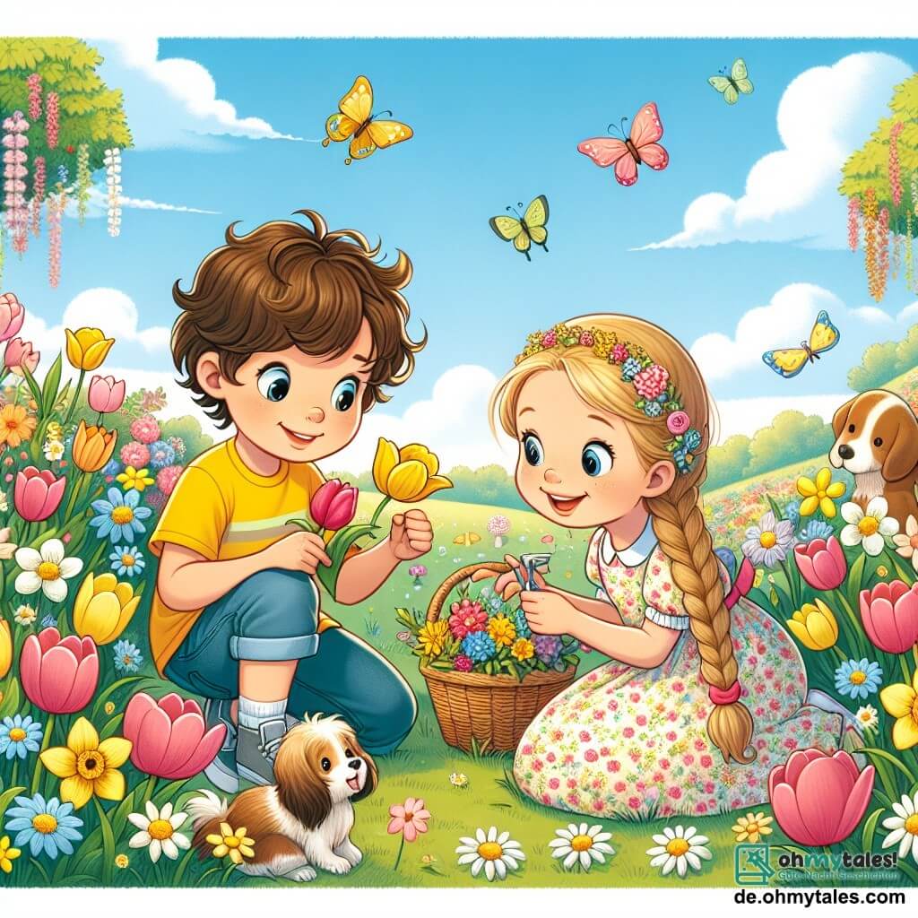 Illustration eines charmanten Gartens im Frühling, gefüllt mit bunten Blumen wie Tulpen, Narzissen und Gänseblümchen, unter einem hellblauen Himmel mit einigen flauschigen weißen Wolken. In der Mitte hockt ein 11-jähriger Junge mit lockigem, braunem Haar, der ein leuchtend gelbes T-Shirt und eine Jeansshorts trägt, und ist fasziniert von den Blumen, die er genau betrachtet. Neben ihm steht ein 10-jähriges Mädchen mit langen, geflochtenen blonden Haaren, das ein blumiges Kleid trägt und einen kleinen Korb mit gepflückten Blumen hält, während sie fröhlich lächelt. Die Szene strahlt eine Atmosphäre von Entdeckung und Freundschaft aus, mit bunten Schmetterlingen, die um sie herumfliegen, und einem kleinen braunen Hund, der im Gras spielt. Blumenketten hängen zwischen den Bäumen und verleihen diesem fröhlichen Frühlingsmoment eine festliche Note.