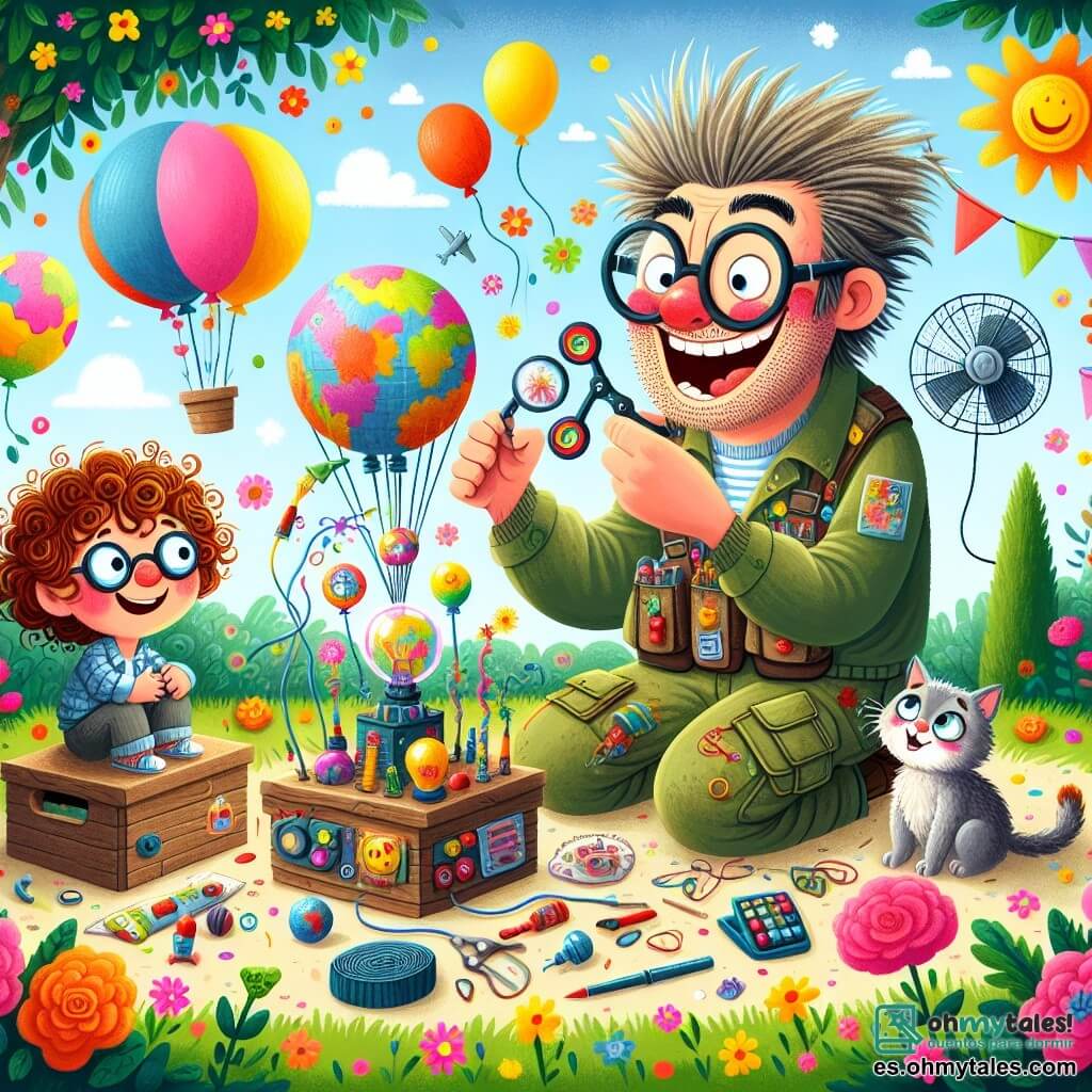 Ilustración que representa un jardín colorido y soleado, lleno de flores brillantes y pequeños árboles. En el centro, un hombre de aspecto excéntrico con cabello despeinado, gafas sobredimensionadas y una gran sonrisa, lleva un delantal con bolsillos rebosantes de gadgets. Está agachado, sosteniendo un arnés hecho de globos y telas coloridas, con una expresión de emoción en el rostro. A su lado, un niño de unos 8 años, con cabello rizado y castaño, observa con ojos muy abiertos, sosteniendo un pequeño gato de pelo gris que parece un poco inquieto. La escena muestra el momento en que el hombre prepara su invención para hacer volar al gato, rodeado de globos flotantes y un ventilador listo para ser encendido. Risas y colores vivos añaden una atmósfera alegre y lúdica a esta invención extravagante.