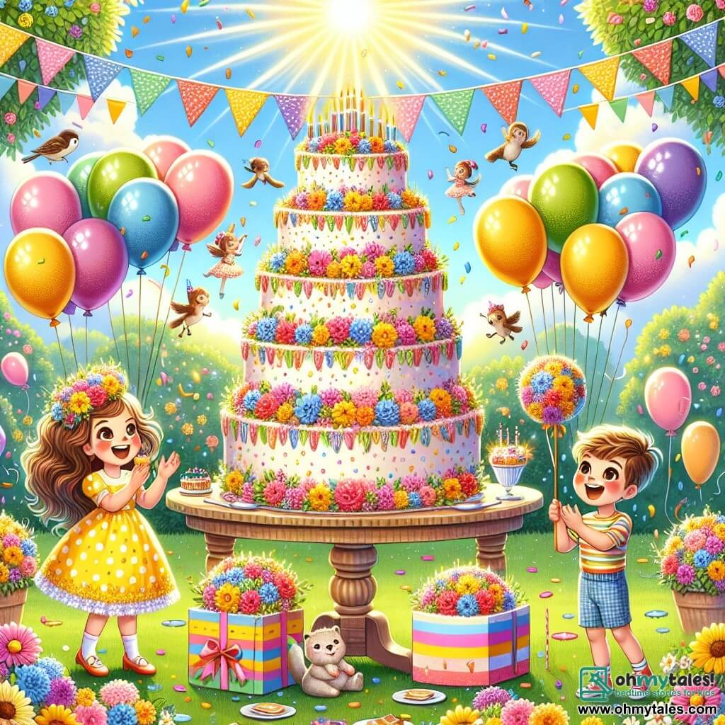 An illustration depicting a sunny garden filled with colorful flowers and floating balloons. In the center, a large table is adorned with a magnificent multi-tiered birthday cake covered in colorful frosting and sparkling candles. Three children are present: an 8-year-old girl in a yellow polka dot dress with long brown hair, smiling excitedly while holding a big piece of cake; another 8-year-old girl with curly hair in a colorful outfit, getting ready to hit a cake-shaped piñata with a stick; and an 8-year-old boy with short blond hair, joyfully clapping while holding multicolored balloons. The atmosphere is filled with laughter and joy, with confetti floating in the air and sunlight illuminating the scene. Small animals, like birds and squirrels, can be seen in the background, adding a touch of magic to this unforgettable birthday party.