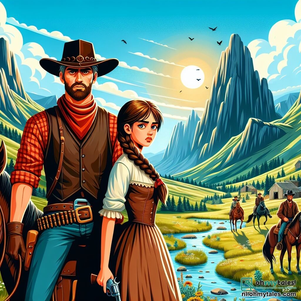 Illustratie die een levendige scène weergeeft in een zonnige vallei, omringd door majestueuze bergen en groene weiden. In het midden staat een dappere man met een brede cowboyhoed, een rood geruit overhemd en leren broek, stevig op zijn bruine paard Buck. Zijn gezicht is vastberaden, met ogen die sprankelen van moed, terwijl hij zijn revolver omhoog houdt om een jonge vrouw naast hem te beschermen. De jonge vrouw, ongeveer 20 jaar oud, heeft lange, gevlochten bruin haar en draagt een eenvoudige maar praktische jurk met leren laarzen. Ze kijkt bezorgd naar een groep mijnwerkers in de verte, die dreigend lijken. De hoofd situatie toont de man die klaar is om de jonge vrouw te verdedigen, terwijl ze zich nabij de ingang van een verlaten mijn bevinden, omringd door verspreide stenen en roestige gereedschappen. Op de achtergrond is de lucht helderblauw met witte wolken, en de zon schijnt fel, wat de scène in een gouden licht baadt. Details zoals vogels die in de lucht vliegen en kleurrijke wilde bloemen voegen een vleugje leven toe aan deze dynamische illustratie.