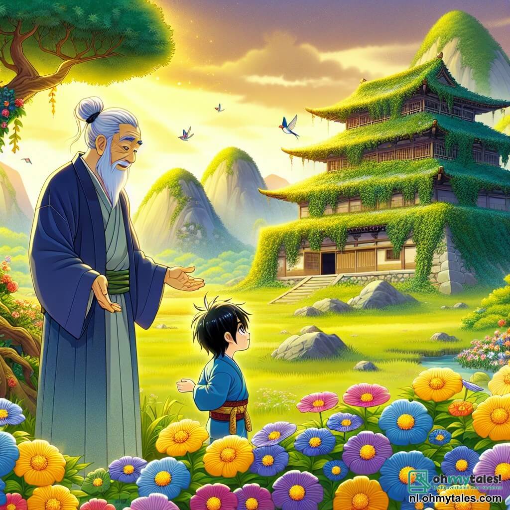 Illustratie van een uitgestrekte Japanse vallei, verlicht door het gouden ochtendlicht. De kleurrijke bloemen bloeien in het groene gras, terwijl een oude stenen tempel, bedekt met klimop, majestueus in het midden van de scène staat. Op de voorgrond staat een jonge man van ongeveer 12 jaar met zwart haar en heldere ogen, gekleed in een traditionele blauwe kimono. Hij staat met zijn armen iets van zich af, alsof hij de schoonheid van de natuur om hem heen verwelkomt. Naast hem staat een wijze oude man van ongeveer 70 jaar met een lange witte baard en sprankelende ogen, die de jonge man met een vriendelijke glimlach observeert. Hij draagt een eenvoudige kimono en een stoffen gordel. De belangrijkste situatie toont de jonge man die een oude inscriptie op de muur van de tempel ontdekt, terwijl een glans van begrip zijn gezicht verlicht. Op de achtergrond vliegen majestueuze bomen met levendig groene bladeren en kleurrijke vogels in de heldere blauwe lucht, wat een vleugje leven en magie aan deze betoverde scène toevoegt.