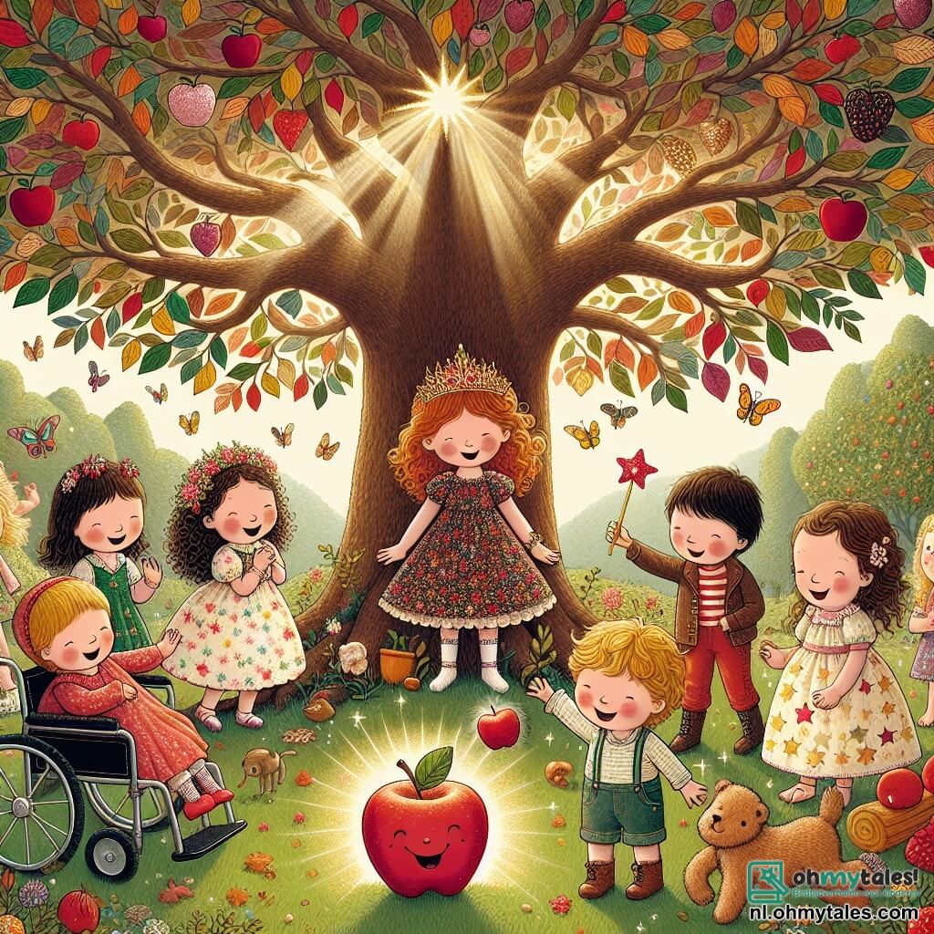Illustratie van een grote majestueuze boom in het hart van een betoverd bos, met gekleurde bladeren in tinten groen, rood en goud, verlicht door zonnestralen die door de takken filteren. Aan de voet van de boom staat een groep van vijf blije kinderen. Een klein meisje met bruin haar, vier jaar oud, draagt een bloemenjurk en een grote glimlach, terwijl ze een glinsterende toverstok vasthoudt. Naast haar staat een jongen met blond haar, ook vier jaar oud, die een kleine pet draagt en naar een grote rode appel kijkt die vrolijk op de grond danst. Een ander klein meisje met krullend haar en een sterrenjurk lacht terwijl ze een koekje vasthoudt dat pirouettes maakt. Een jongen met kastanjebruin haar, die een teddybeer vasthoudt, lacht hard om de scène. Tot slot bewondert een glimlachend klein meisje in een rolstoel de magie met sprankelende ogen. Op de achtergrond zingt een dansende appel vrolijk, wat een vleugje magie en humor toevoegt aan deze levendige en vrolijke scène.