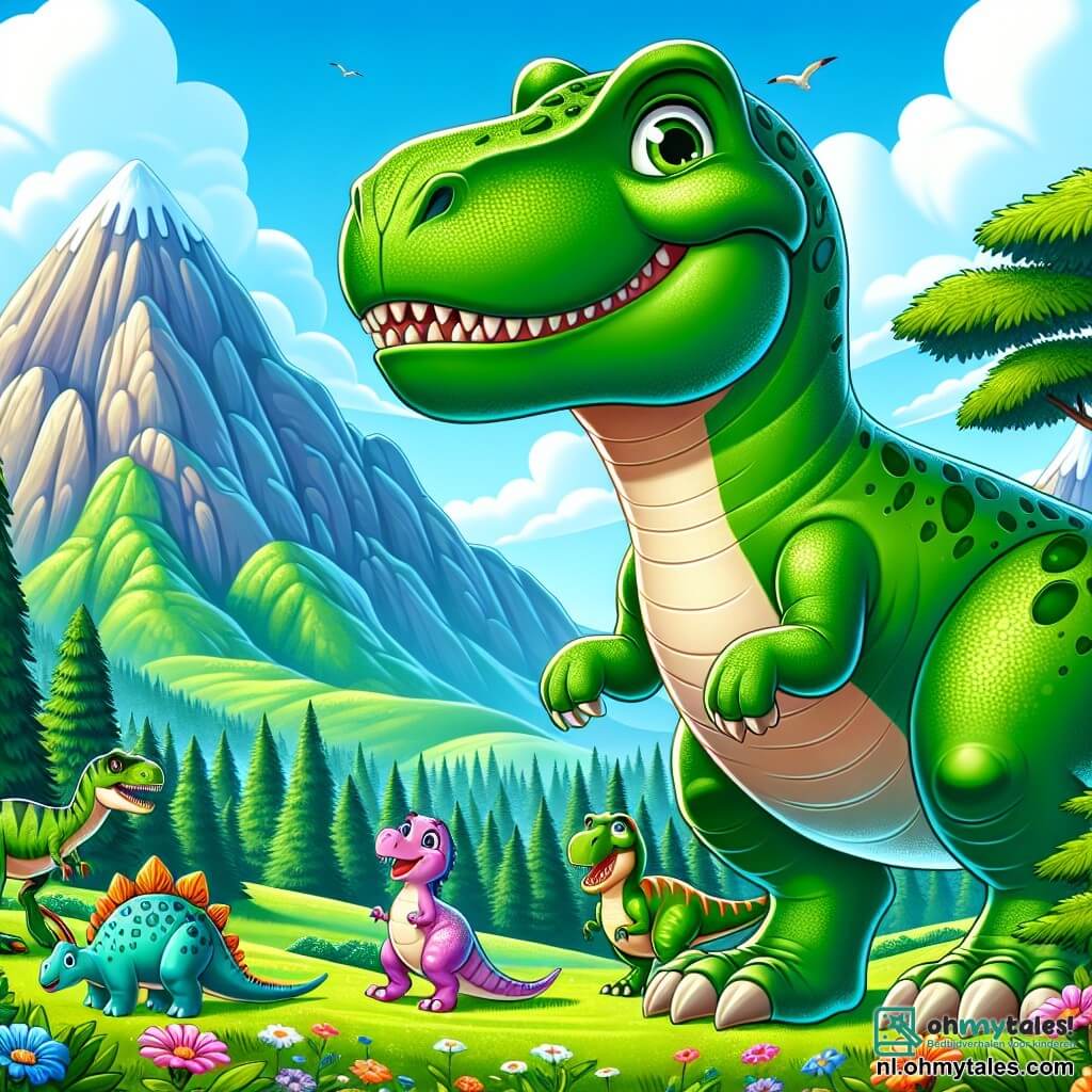 Illustratie van een levendige scène in een groene vallei, omringd door majestueuze bergen onder een stralende blauwe lucht. Op de voorgrond staat een imposante Tyrannosaurus Rex, met een glanzende groene huid en vriendelijke ogen, trots en beschermend. Hij heeft een grote kop, korte gespierde armen en een lange staart die achter hem uitsteekt. Naast hem springt een klein dinosaurusje met roze schubben, vrolijk en nieuwsgierig, op de plaats, met opgewonden ogen. Op de achtergrond kijken twee vrienden, een Stegosaurus met kleurrijke platen op zijn rug en een behendige Velociraptor, bewonderend toe. De scène vangt het moment waarop de Tyrannosaurus Rex en zijn vrienden zich voorbereiden om een dreigend gevaar onder ogen te zien, met een grote bedreigende steen die van de berg is gerold, terwijl kleurrijke bloemen en weelderige bomen een vleugje magie aan de omgeving toevoegen.