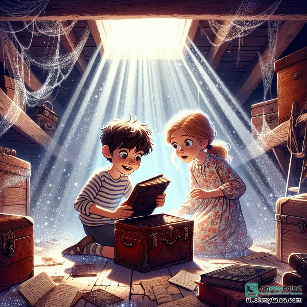 Illustratie van een oude, stoffige zolder, vol met houten kisten, oude boeken en glinsterende spinnenwebben in het gedimde licht dat door een klein raam naar binnen valt. In het midden van deze scène zit een 9-jarig jongetje met messy kastanjebruin haar en nieuwsgierige ogen voor een oude leren koffer, verwonderd kijkend. Hij draagt een gestreept t-shirt en een korte broek, en houdt een oud leren dagboek in zijn handen, dat hij opgewonden opent. Naast hem kijkt een 9-jarig meisje met lang blond haar, in een paardenstaart, aandachtig naar het dagboek. Ze draagt een bloemenjurk en sandalen, en haar gezicht straalt enthousiasme en avontuur uit. Samen ontdekken ze een verborgen geheim, omringd door een mysterieuze en magische sfeer, met lichtstralen die stofdeeltjes in de lucht verlichten, wat een sfeer van verkenning en vriendschap creëert.