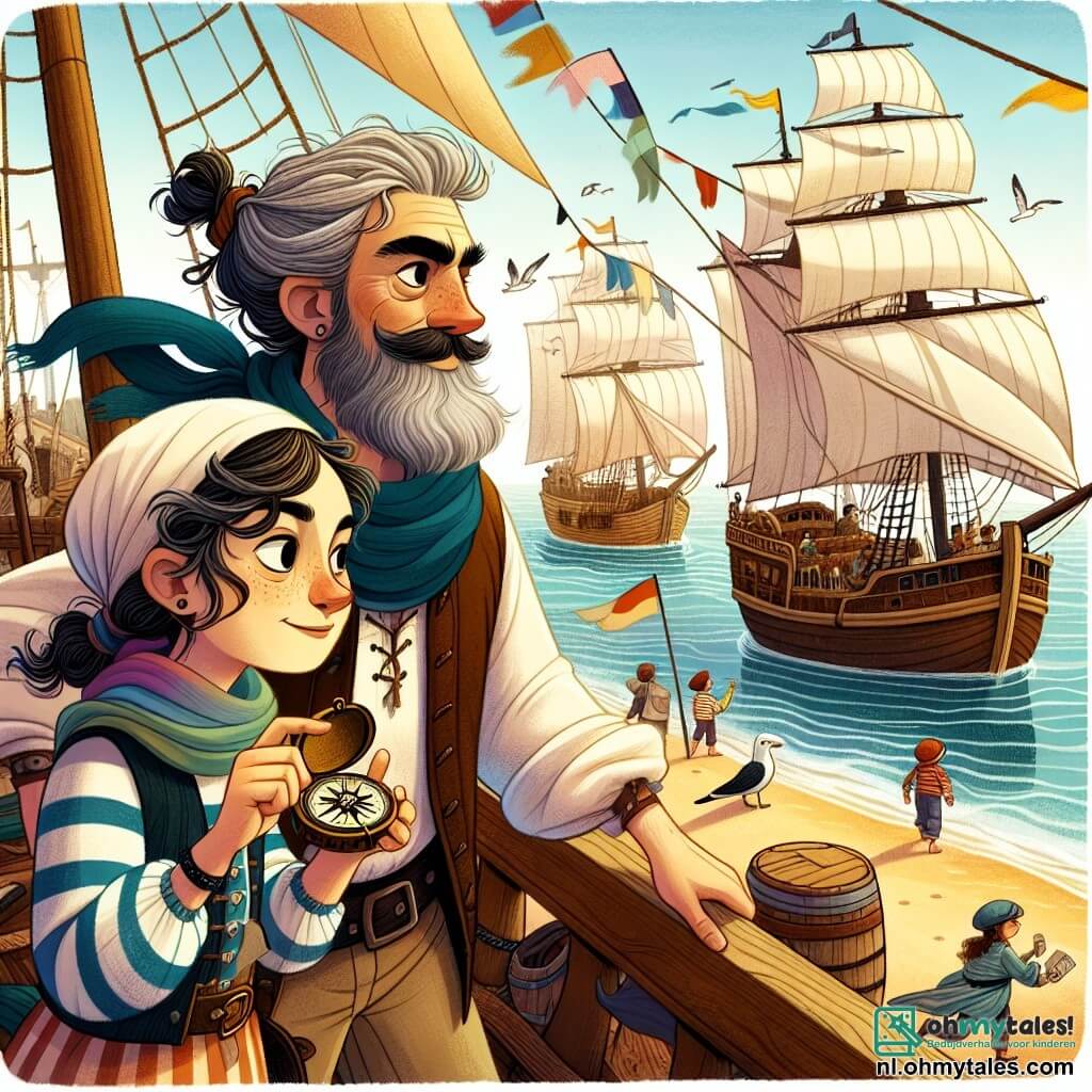 Illustratie van een levendige scène in een drukke haven, met witte zeilen die in de wind wapperen en houten boten die langs een zonnige pier zijn aangemeerd. Op de voorgrond staat een vrouw met een vastberaden gezicht, met lange grijze haren in een rommelige knot, die een kleurrijke sjaal en een gestreepte blouse draagt. Ze houdt een oude kompas stevig in haar hand en speurt de horizon af met avontuurlijke ogen. Naast haar staat een middelbare man met een dikke baard en een vrolijke glimlach, gekleed in een versleten leren vest, die de zee met een opgetogen blik in zijn ogen observeert. Samen staan ze op het dek van een groot schip, klaar om op zoek te gaan naar een oude piratenlegende. Op de achtergrond spelen kinderen op het strand, vliegen meeuwen boven hen en wapperen kleurrijke vlaggen in de wind, wat een vleugje magie toevoegt aan deze scène van kameraadschap en avontuur.