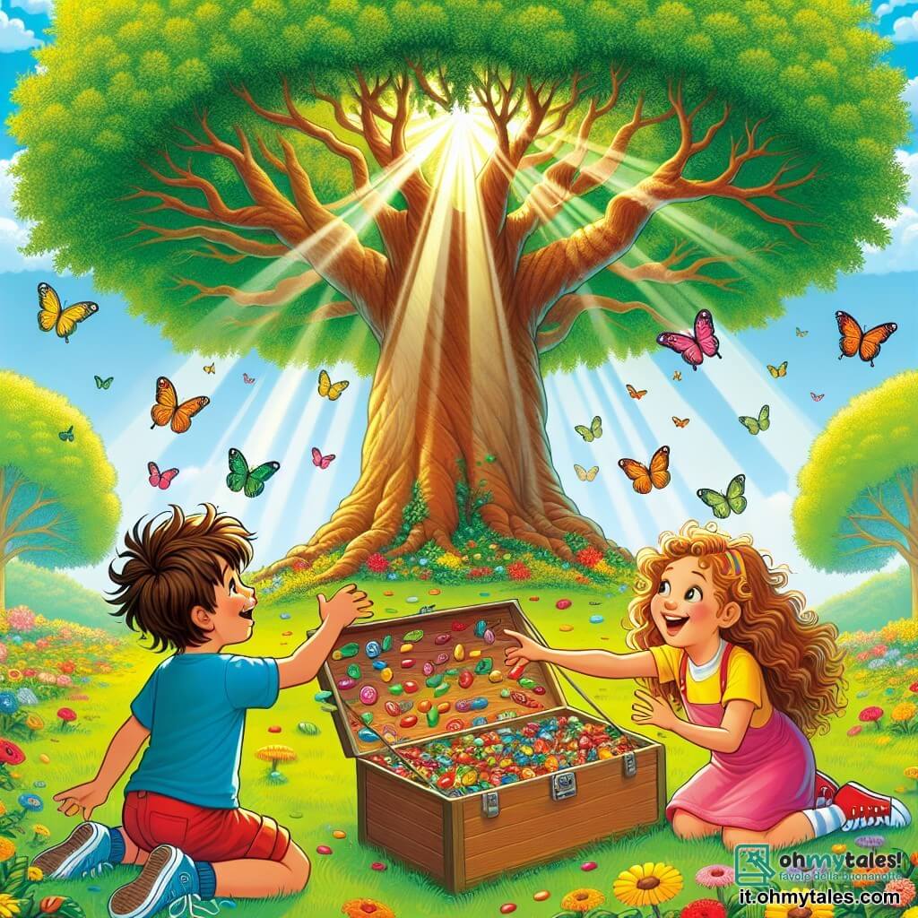 Illustrazione che rappresenta un grande albero maestoso al centro di un parco colorato, con foglie verdi brillanti e fiori gialli e rossi sparsi intorno. Sotto l'albero, tre giovani avventurieri sono riuniti: un ragazzo di circa 8 anni, con capelli castani disordinati e una maglietta blu, che tiene un cofanetto aperto pieno di caramelle colorate, un ragazzo di circa 7 anni, con capelli biondi e pantaloni corti rossi, che guarda con meraviglia il tesoro, e una ragazza di circa 8 anni, con capelli lunghi e ricci, che indossa un vestito rosa, sorridendo gioiosamente mentre punta verso il cofanetto. L'atmosfera è piena di gioia ed emozione, con raggi di sole che filtrano tra i rami dell'albero, creando ombre danzanti sul terreno. Farfalle colorate volano intorno a loro, aggiungendo un tocco magico alla scena.