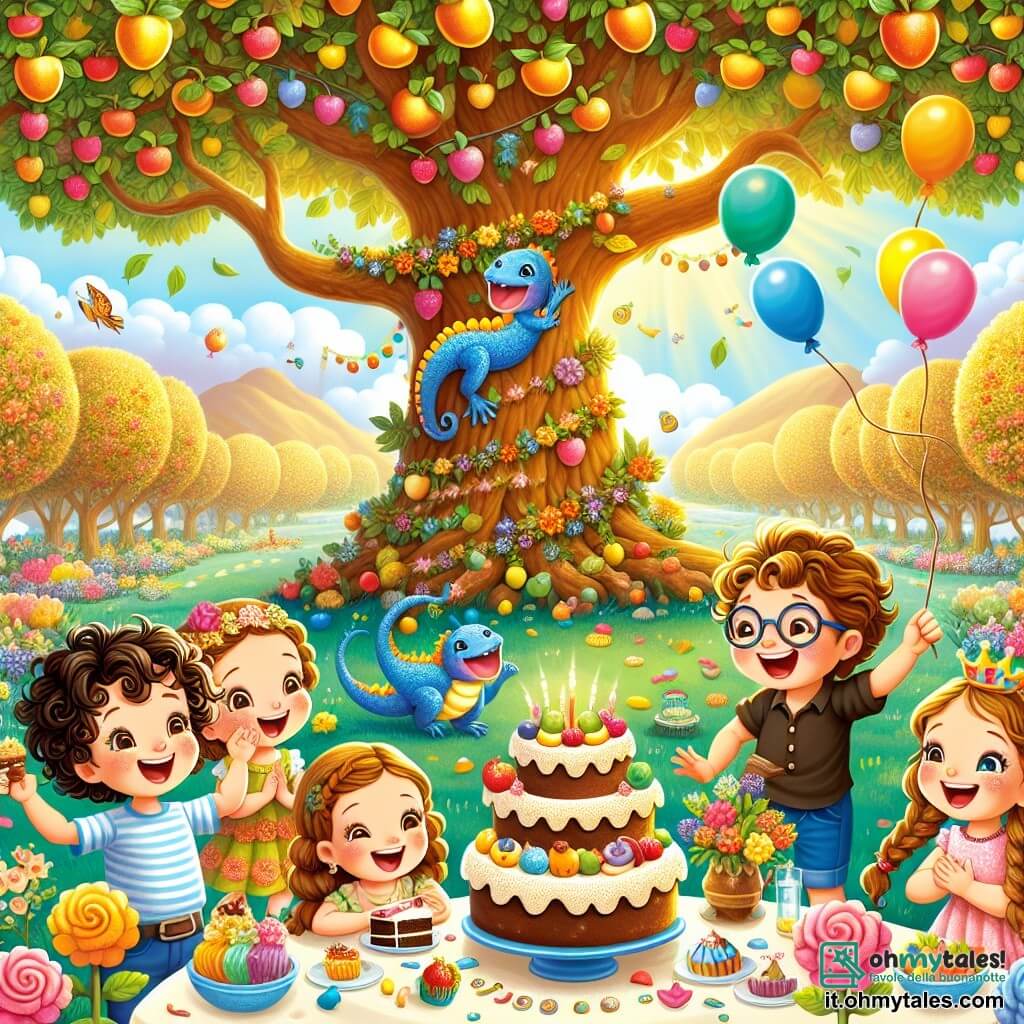 Illustrazione che rappresenta un grande parco verdeggiante, pieno di alberi maestosi con foglie dorate e fiori colorati che danzano sotto una dolce brezza. Al centro, un grande albero con frutti brillanti come stelle, sotto il quale si trova un tavolo decorato con torte colorate e caramelle scintillanti. Un bambino di quattro anni, con capelli castani e ricci, sorride con occhi scintillanti di gioia, tenendo un pezzo di torta al cioccolato in mano. Accanto a lui, una bambina di quattro anni, con lunghi capelli biondi intrecciati, ride mentre tiene una ghirlanda di fiori. Un altro bambino, di cinque anni, con occhiali e capelli castani, sta ballando, mentre una bambina di cinque anni, con capelli ricci e neri, applaude con entusiasmo. La scena cattura l'istante magico in cui i bambini celebrano un compleanno, circondati da dolci e risate, con una lucertola blu che danza gioiosamente tra di loro, aggiungendo un tocco di magia a questa festa indimenticabile. Palloncini colorati fluttuano nel cielo e raggi di sole illuminano l'intera scena, creando un'atmosfera gioiosa e festosa.