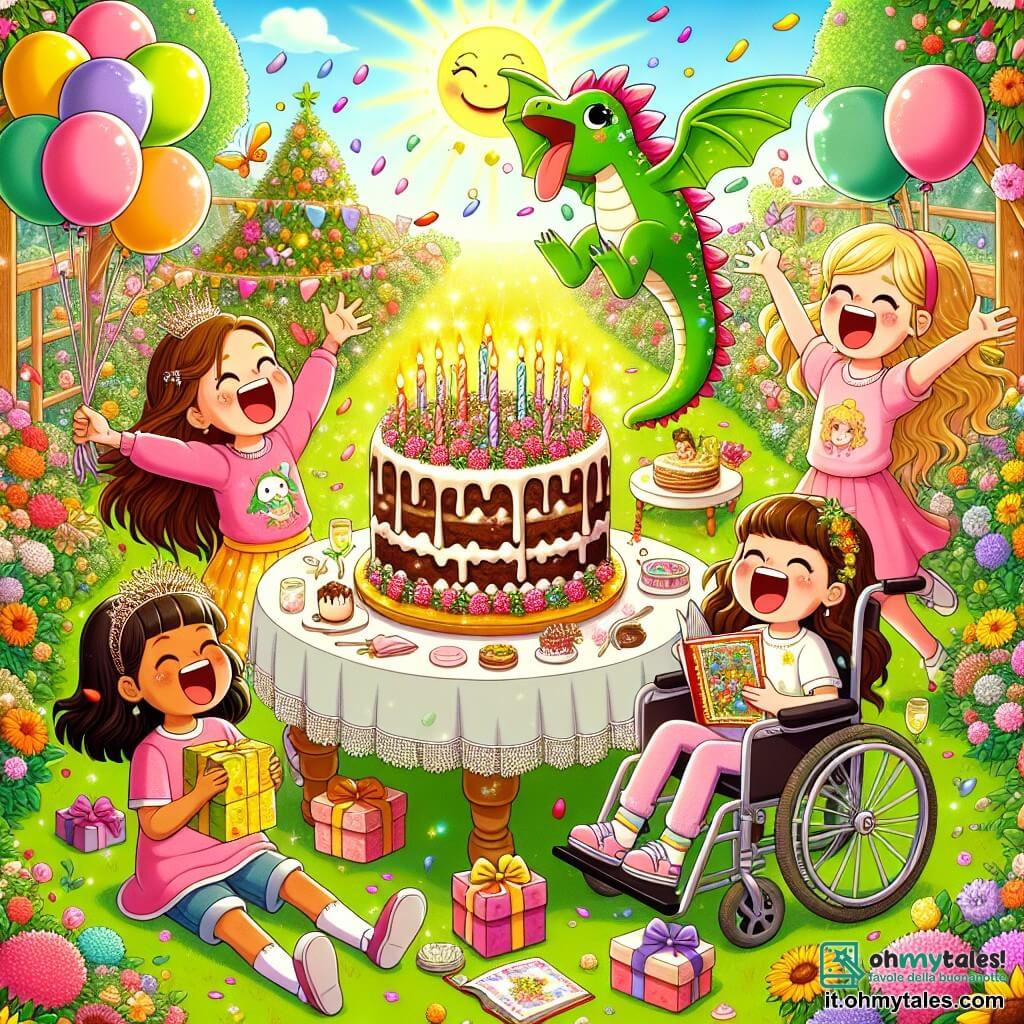 Illustrazione che rappresenta un giardino soleggiato, pieno di fiori colorati e palloncini che fluttuano nell'aria. Al centro, un grande tavolo decorato con una magnifica torta al cioccolato, adornata di candele scintillanti. Ci sono quattro ragazze di circa dodici anni: una ha lunghi capelli castani e indossa un vestito rosa, sorride felicemente tenendo un regalo. Un'altra ha capelli biondi e ricci, sta saltando dall'eccitazione. La terza, con capelli neri e una frangia, è seduta su una sedia, tenendo un libro illustrato, mentre la quarta, che usa una sedia a rotelle, ride di gusto, i suoi capelli castani che fluttuano nel vento. Sopra di loro, un piccolo drago verde con ali brillanti vola gioiosamente, lanciando scintille colorate nell'aria. Le ragazze sembrano incantate dalla sua presenza, e l'atmosfera è piena di risate e magia. Dei coriandoli fluttuano intorno, aggiungendo un tocco festoso a questa scena di compleanno incantata.