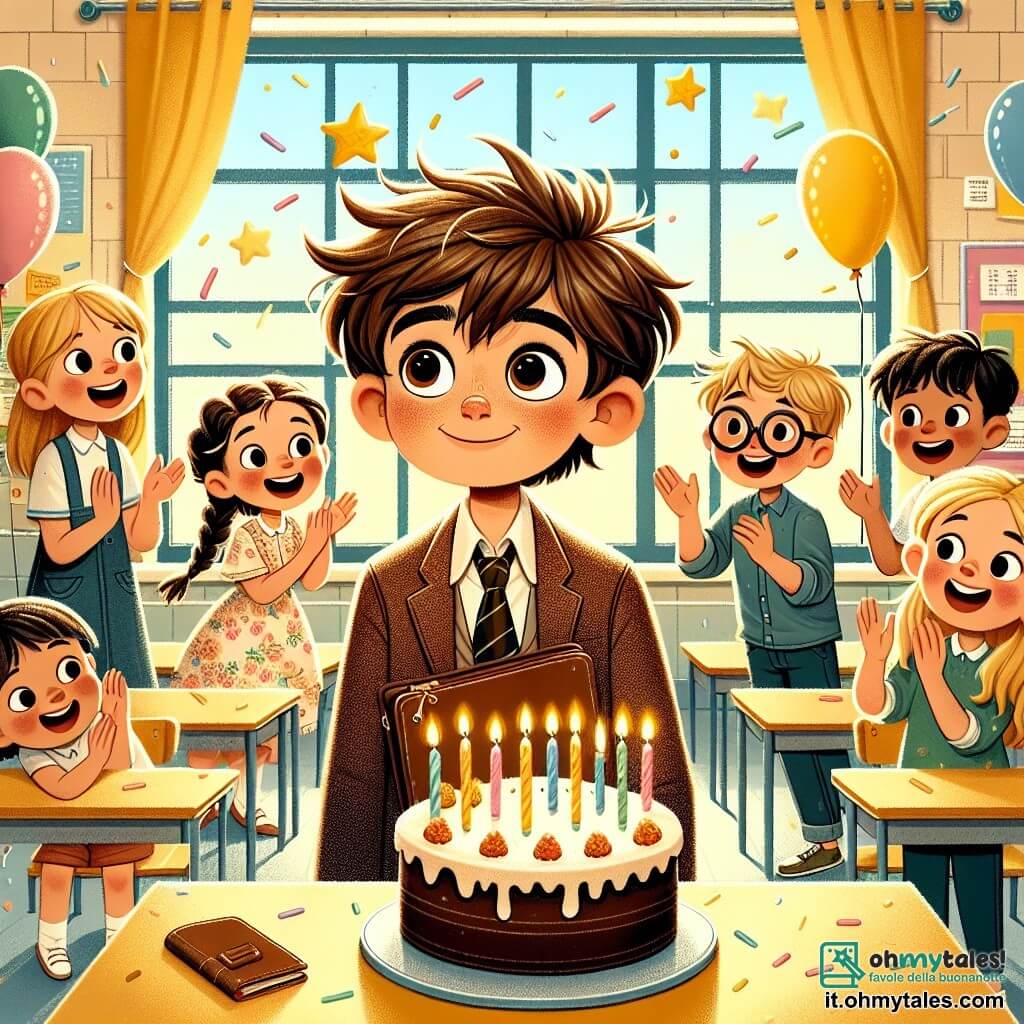 Illustrazione che rappresenta un'aula luminosa con pareti dipinte di giallo pastello e finestre che lasciano entrare la luce del sole. Al centro, un ragazzo di 11 anni, con capelli castani in disordine e occhi brillanti di curiosità, è in piedi con un grande sorriso sul viso, tenendo un piccolo diario di pelle tra le mani. Intorno a lui, diversi compagni di classe, tutti di circa 11 anni, si sono radunati: una ragazza con capelli biondi intrecciati, che indossa un vestito a fiori, e un ragazzo con occhiali rotondi e capelli castani spettinati, che applaudono gioiosamente. La scena cattura il momento di sorpresa e felicità in cui il ragazzo scopre il regalo speciale dei suoi amici per il suo compleanno, con palloncini colorati che fluttuano sul soffitto e una grande torta al cioccolato sulla scrivania, decorata con dodici candele accese. Stelle filanti e coriandoli aggiungono un tocco festivo all'atmosfera gioiosa di questa celebrazione di compleanno.