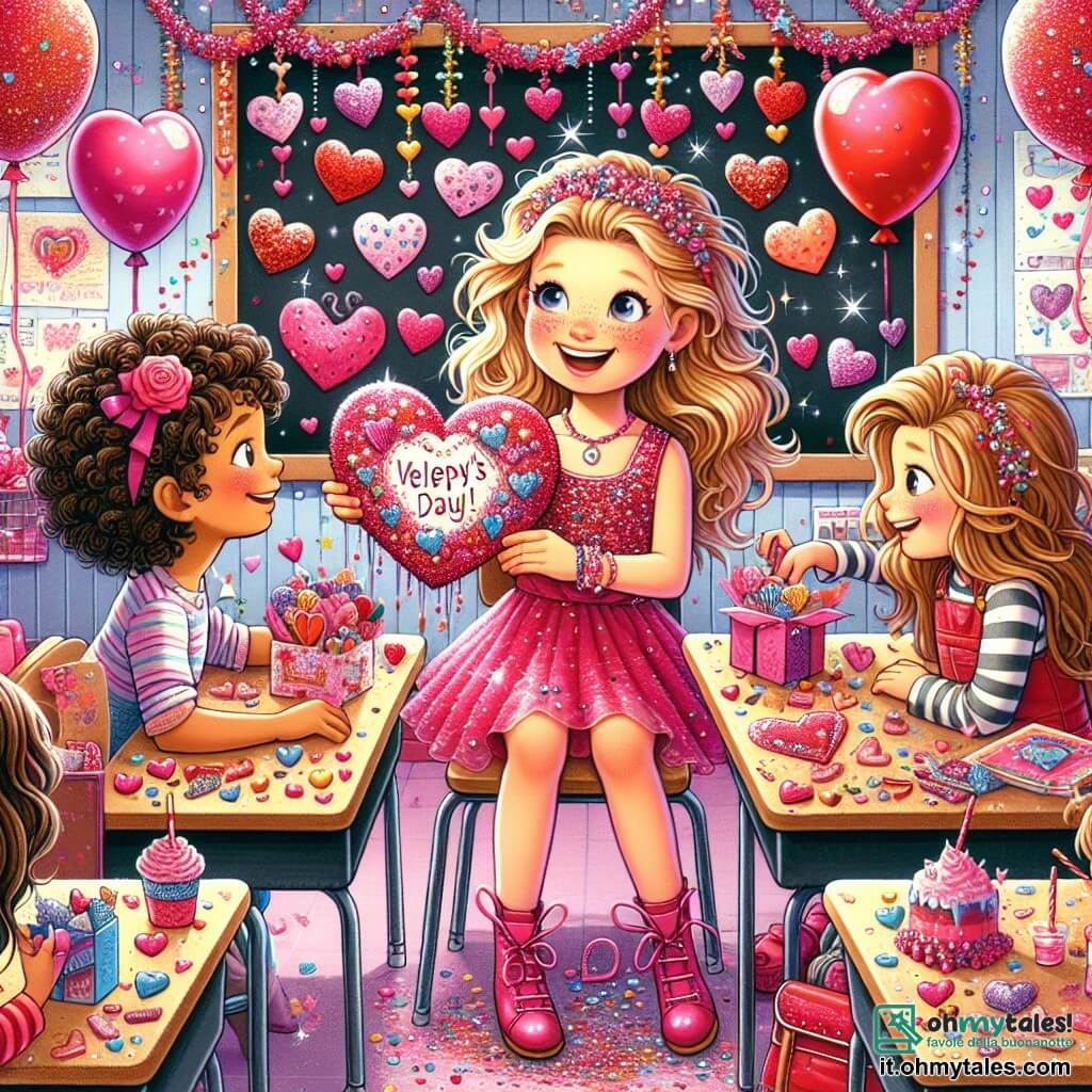 Illustrazione che rappresenta un'aula gioiosamente decorata per la festa di San Valentino. Le pareti sono adornate con cuori di carta colorata, ghirlande scintillanti e palloncini rossi e rosa che fluttuano sul soffitto. Al centro della scena, una ragazza di 7 anni con capelli biondi, ricci e luminosi, indossa un vestito rosa scintillante. È seduta a un banco, con un grande sorriso sul viso, mentre tiene un cuore di cartone decorato con brillantini e un messaggio dolce. Accanto a lei, un'altra ragazza di 7 anni, con capelli castani e ricci, indossa una maglietta a righe e un pantaloncino di jeans. Guarda il cuore con meraviglia, gli occhi brillanti di gioia. La scena principale mostra le due ragazze che scambiano i loro regali fatti a mano, circondate da compagni di classe che ridono e condividono dolcetti colorati. Piccole confezioni regalo e caramelle a forma di cuore sono sparse sui banchi, aggiungendo un tocco festoso all'atmosfera calorosa e amichevole della scena.