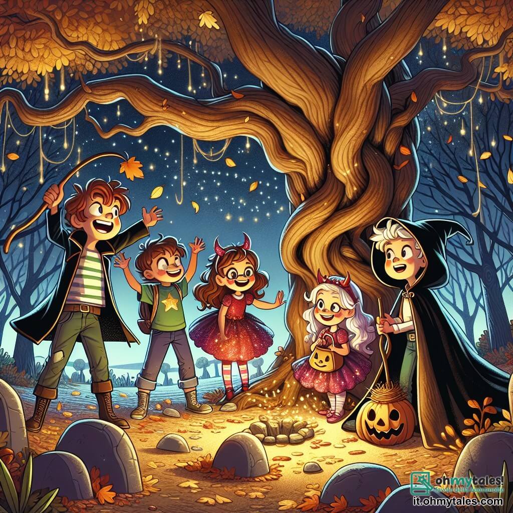Illustrazione che rappresenta un parco misterioso sotto un cielo stellato di ottobre, dove le foglie dorate cadono dolcemente dagli alberi. Al centro, un grande albero dalle radici tortuose, con i rami che si estendono come braccia, è circondato da antiche pietre che formano un cerchio magico. In questa scena, ci sono quattro bambini: una ragazza di sette anni con lunghi capelli castani e un costume da pirata, che tiene una spada di plastica e sorride con entusiasmo; un'altra ragazza, sempre di sette anni, vestita da diavolo rosso con corna scintillanti, che ride gioiosamente; una terza ragazza di sette anni, travestita da strega, con un grande cappello nero e una scopa, che guarda attorno a sé con curiosità; e infine, un ragazzo di sette anni, con capelli biondi e un'espressione preoccupata, vestito con una semplice maglietta, che si trova vicino all'albero, osservando le ombre. La scena principale mostra i bambini che scoprono un piccolo sacchetto di caramelle appeso a un ramo, i loro volti illuminati dalla luce delle lanterne che portano, mentre un piccolo gatto nero con occhi verdi brilla nell'oscurità, aggiungendo un tocco di magia all'atmosfera. Stelle scintillanti e lucciole danzano attorno a loro, creando un'atmosfera incantevole e misteriosa.