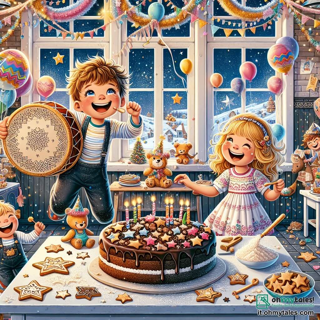 Illustrazione che rappresenta una scena festiva in una casa accogliente decorata per il Capodanno. Le pareti sono adornate con ghirlande colorate e palloncini fluttuanti, mentre un grande tavolo al centro è coperto di deliziosi biscotti a forma di stelle e di una enorme torta al cioccolato. In primo piano, un ragazzo di otto anni, con i capelli ricci e un sorriso splendente, salta di gioia tenendo un tamburo decorato con motivi festivi. Accanto a lui, una ragazza di sette anni, con capelli biondi e occhi scintillanti, si diverte a disegnare stelle nella farina sul tavolo. Un ragazzo di nove anni, con un cappello di festa divertente, ride tenendo un pallone gigante. La scena cattura l'eccitazione e la magia dei preparativi per la festa, mentre i bambini si uniscono per creare un'atmosfera gioiosa e piena di promesse per il nuovo anno. Sullo sfondo, un piccolo drago di carta con scaglie brillanti fluttua gioiosamente, aggiungendo un tocco di magia all'atmosfera festiva.