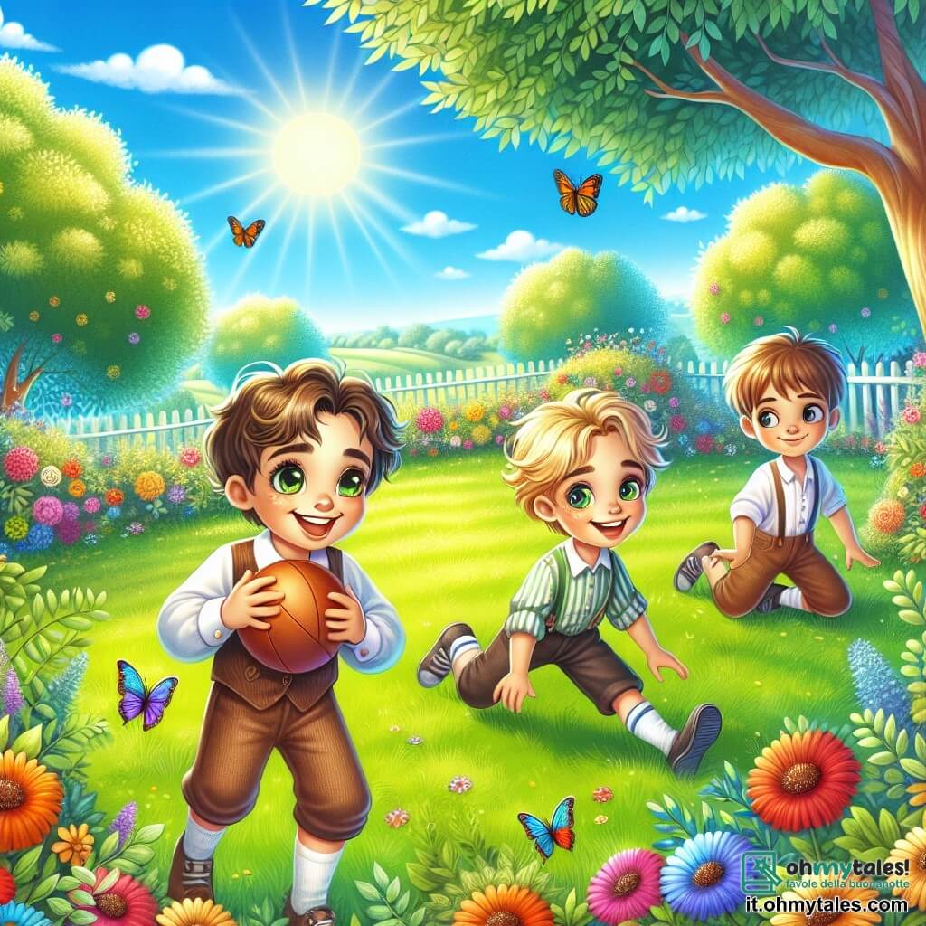 Illustrazione che rappresenta un giardino soleggiato, pieno di fiori colorati e alberi maestosi. L'erba è di un verde brillante e un grande cielo blu si estende sopra, punteggiato da alcune nuvole bianche e soffici. Ci sono tre ragazzi: il primo, con capelli castani e ricci, di circa 8 anni, sorride gioiosamente tenendo una palla tra le mani. Il secondo, con occhi scintillanti e capelli biondi, sempre di circa 8 anni, è pronto a ricevere la palla, con un grande sorriso sul volto. Il terzo ragazzo, un po' più piccolo, con capelli castani e un'espressione determinata, è accovacciato vicino a un cespuglio, cercando la palla appena caduta. La scena cattura il momento in cui i tre amici giocano insieme, illustrando la loro complicità e gioia. Farfalle colorate volano intorno a loro e una leggera brezza fa danzare le foglie degli alberi, aggiungendo un tocco di magia a questo momento di amicizia.