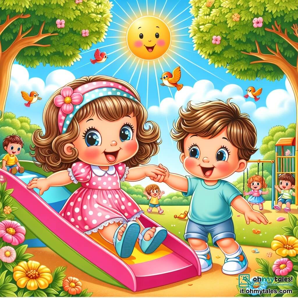 Illustrazione che rappresenta un parco scolastico soleggiato, con alberi verdi e fiori colorati che danzano nel vento. Al centro, una bambina di un anno, con grandi occhi scintillanti e capelli ricci, sorride gioiosamente mentre gioca su uno scivolo. Indossa un vestito rosa a pois bianchi e piccole sandali. Accanto a lei, un bambino di due anni, con capelli castani arruffati e una maglietta blu, ride mentre scivola sullo scivolo accanto a lei. La scena mostra la bambina che tende la mano verso il ragazzo, invitandolo a giocare insieme, mentre condividono un momento di felicità. Sullo sfondo, altri bambini si divertono sulle altalene e nei giochi, aggiungendo un'atmosfera gioiosa e amichevole. Gli uccelli cantano sugli alberi e il cielo è di un blu splendente, rafforzando l'idea di una bella giornata di amicizia.