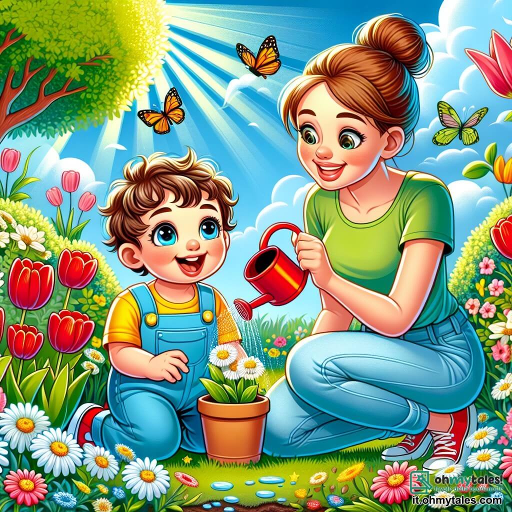 Illustrazione che rappresenta un giardino in piena fioritura in primavera, con fiori colorati come tulipani rossi e margherite bianche, alberi con foglie verdi brillanti e un cielo blu luminoso punteggiato da alcune nuvole bianche e soffici. Al centro dell'immagine, un bambino di 1 anno, con capelli ricci castani e occhi scintillanti, indossa una salopette blu e una maglietta gialla. È accovacciato, tiene un piccolo annaffiatoio di plastica e sta annaffiando una margherita con un grande sorriso sul volto, mostrando il suo entusiasmo per il giardinaggio. Accanto a lui, una donna di circa 30 anni, con lunghi capelli castani raccolti in uno chignon, indossa una maglietta verde e pantaloni leggeri. Sorride guardando il bambino, tenendo un guanto da giardinaggio in una mano e una piccola pala nell'altra, pronta ad aiutarlo a scoprire le meraviglie del giardino. La scena trasmette un'atmosfera gioiosa e giocosa, con farfalle colorate che volano intorno ai fiori e raggi di sole che illuminano il giardino, creando un'atmosfera calda e accogliente.