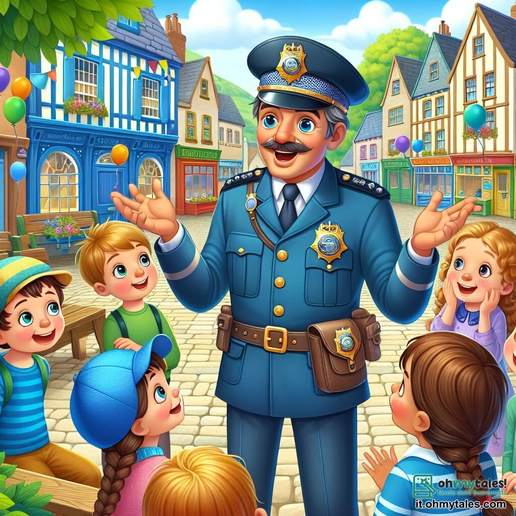 Illustrazione che rappresenta una scena animata in una graziosa piazza di un villaggio, circondata da case colorate con persiane blu e gialle, con panchine in legno e alberi verdi. Al centro, un uomo in uniforme di poliziotto, con capelli castani leggermente brizzolati, un sorriso caloroso e un distintivo brillante sul petto, è in piedi su un podio decorato con palloncini. Spiega con entusiasmo ai bambini, gesticolando con le mani, mentre tiene un microfono. Attorno a lui, un gruppo di quattro bambini, due ragazzi e due ragazze, di circa 8-10 anni, ascoltano attentamente. Uno dei ragazzi, con capelli castani e occhi brillanti, indossa un cappellino blu e tiene una lente di ingrandimento di plastica, mentre la ragazza alla sua destra, con lunghe trecce brune, guarda con ammirazione. Gli altri bambini, un ragazzo biondo e una ragazza dai capelli ricci, si trovano vicino a loro, affascinati dalla storia. La scena mostra l'agente di polizia che racconta un'avventura, con espressioni gioiose sui volti dei bambini, mentre palloncini fluttuano nel cielo blu. Sullo sfondo, genitori sorridenti si trovano vicino ai banchi colorati del mercato, aggiungendo un'atmosfera festosa all'illustrazione.