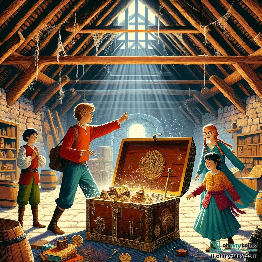Illustrazione che rappresenta una scena magica all'interno di un vecchio granaio. Il luogo è pieno di travi di legno antiche, con raggi di luce che filtrano attraverso le crepe del soffitto, illuminando la polvere nell'aria. Al centro, un grande baule di legno, coperto di ragnatele, è aperto, rivelando un tesoro di oggetti antichi scintillanti. Quattro bambini, due ragazzi e due ragazze, sono riuniti attorno al baule. Il primo ragazzo, di nove anni, ha i capelli castani arruffati e indossa una maglietta rossa con pantaloni corti blu. Guarda con meraviglia il contenuto del baule. La seconda ragazza, anche lei di nove anni, ha lunghi capelli biondi intrecciati e indossa un vestito a fiori colorati. Si avvicina al baule con curiosità. Il terzo bambino, un ragazzo con capelli neri e occhiali rotondi, sta indicando un antico libro dalle pagine ingiallite, mentre la quarta, una ragazza con capelli castani e occhiali, osserva uno specchio antico decorato, affascinata dal suo riflesso. La scena principale mostra i bambini che scoprono tesori dimenticati, i loro volti illuminati dall'eccitazione e dalla curiosità. Raggi di luce emanano dallo specchio, creando un'atmosfera incantata. Sullo sfondo, ombre misteriose delle pareti del granaio aggiungono un tocco di avventura alla scena, mentre ragnatele e oggetti antichi completano l'atmosfera magica di questo luogo misterioso.