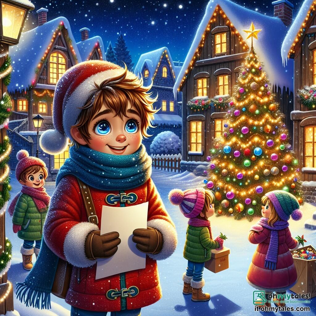 Illustrazione che rappresenta una scena magica in un villaggio innevato durante la notte di Natale. La piazza centrale è illuminata da un grande albero decorato con ghirlande scintillanti e palline colorate, circondato da case in legno con i tetti coperti di neve, con finestre illuminate che mostrano silhouette festive all'interno. In primo piano, un ragazzo di 11 anni, con capelli castani disordinati e occhi brillanti di curiosità, tiene una lettera tra le mani. Indossa un cappotto rosso vivo, una sciarpa di lana blu e guanti, e il suo viso esprime eccitazione e speranza. Guarda con meraviglia l'albero illuminato, pronto a condividere il suo messaggio con il mondo. Accanto a lui, due amici: una ragazza di 10 anni con lunghi capelli biondi intrecciati, che indossa un berretto di lana rosa e un piumino verde, sorride felicemente tenendo una scatola di decorazioni. L'altro amico, un ragazzo di 11 anni con occhiali tondi e capelli castani, sta posizionando una stella dorata sull'albero, con un'espressione concentrata e felice. La scena è riempita da fiocchi di neve che cadono dolcemente, creando un'atmosfera incantevole. Dei bambini giocano sullo sfondo, e luci scintillanti illuminano la notte, aggiungendo un tocco di magia a questo momento di condivisione e amicizia.