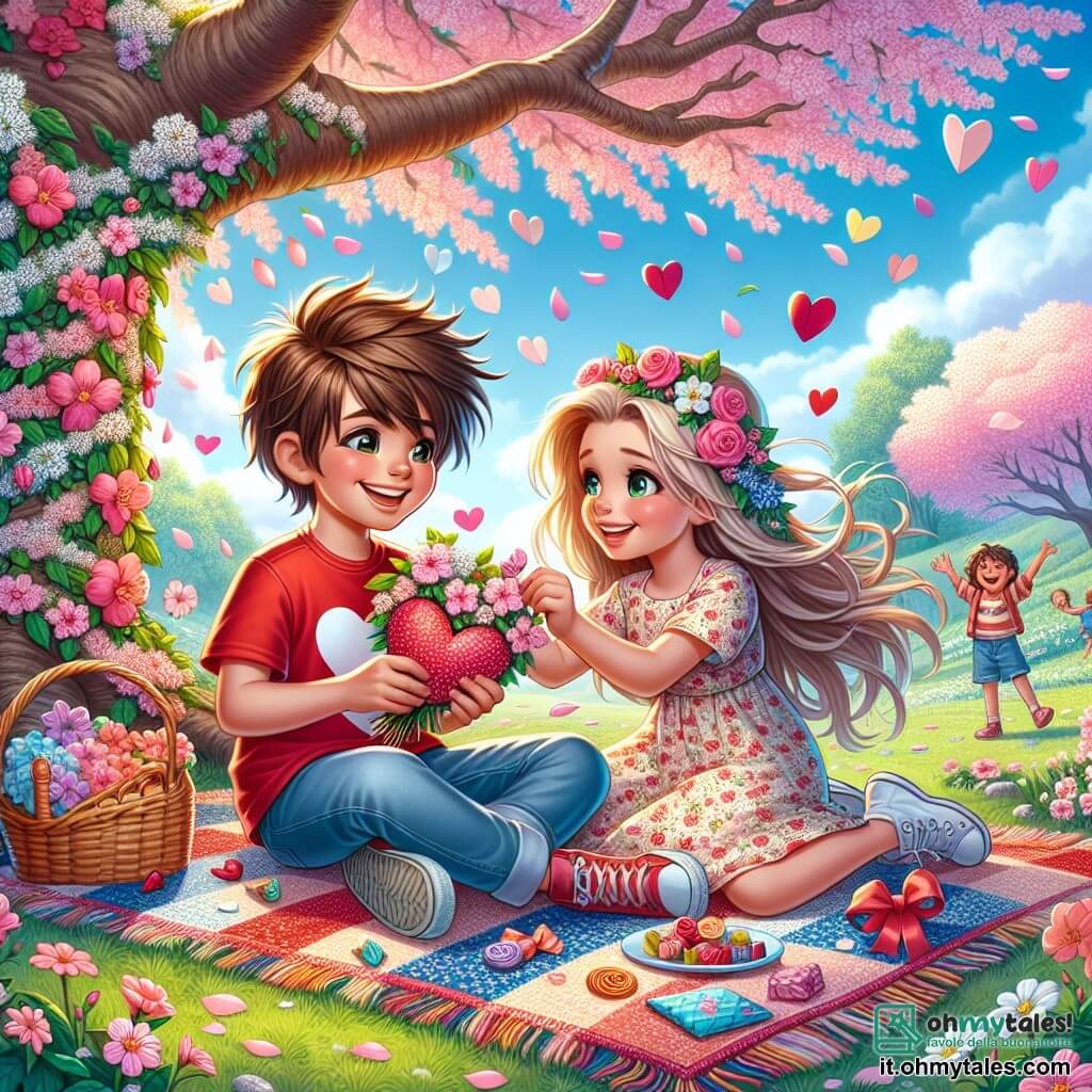 Illustrazione che rappresenta un magnifico parco in primavera, con un grande albero di ciliegio in fiore, i cui rami carichi di fiori rosa e bianchi cadono dolcemente come fiocchi. A terra, una coperta colorata è stesa, adornata di cuori di carta e dolciumi.

Al centro dell'immagine, un ragazzo di 11 anni, con capelli castani in disordine e un sorriso radioso, è seduto sulla coperta. Indossa una maglietta rossa con un cuore disegnato sopra e un pantaloncino di jeans. Tiene in mano una lettera profumata di rosa, con gli occhi scintillanti di eccitazione e curiosità.

Accanto a lui, una ragazza di 10 anni, con lunghi capelli biondi intrecciati e un vestito leggero a fiori, sta decorando la coperta con fiori che ha raccolto. Sorride gioiosamente, aggiungendo un tocco di magia alla scena.

Sullo sfondo, altri bambini giocano e ridono, creando un'atmosfera festosa e gioiosa. Palloncini colorati fluttuano nel cielo blu e cuori di carta volano intorno, simboleggiando amore e amicizia. L'illustrazione trasmette un'ambientazione calda e vivace, catturando lo spirito della festa di San Valentino.
