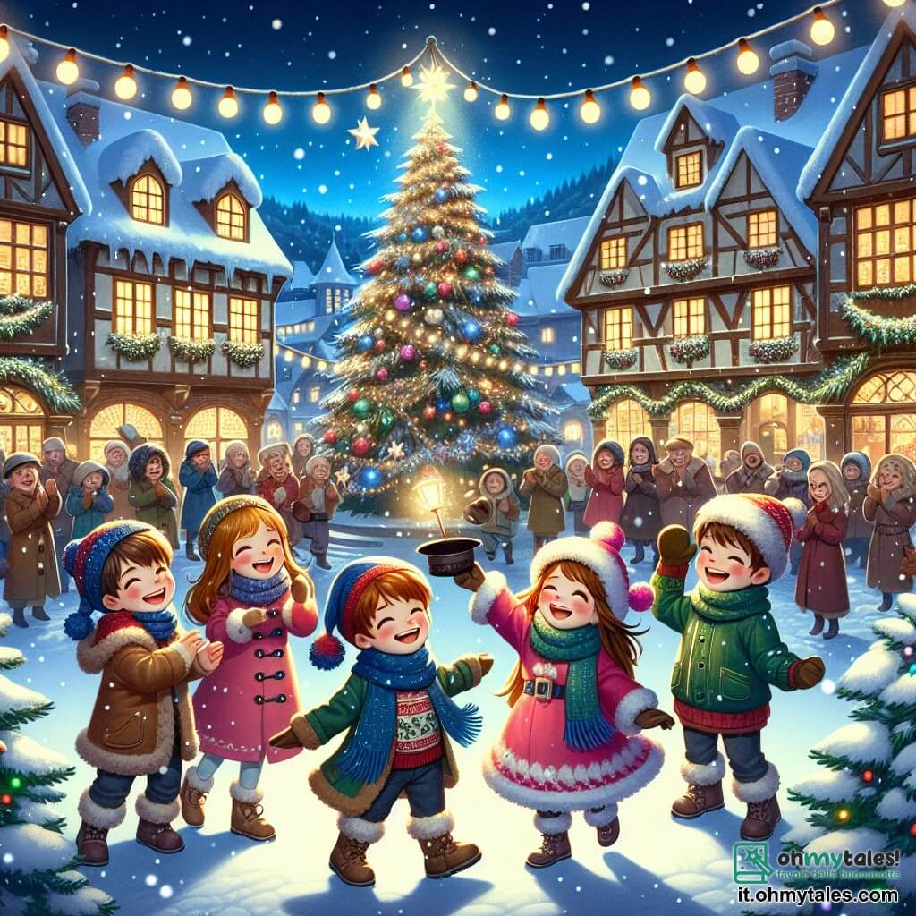 Illustrazione che rappresenta un villaggio innevato durante la notte di Natale. La scena si svolge in una charmante piazza centrale, circondata da case in legno con tetti coperti di neve scintillante. Un grande albero di Natale, decorato con ghirlande luminose colorate e palline brillanti, troneggia al centro della piazza, illuminando l'atmosfera festiva. Si vedono quattro bambini: un ragazzo dai capelli castani, di circa otto anni, con un berretto rosso e una sciarpa blu, che sorride felicemente mentre tiene un grande cappello magico; una ragazza dai capelli biondi, anch'essa di otto anni, vestita con un cappotto rosa, che danza con stelle scintillanti intorno a lei; un ragazzo dai capelli castano chiaro, di circa otto anni, vestito con una giacca verde, che ride mentre lancia palle di neve; e una ragazza dai capelli neri, con un berretto di lana, che applaude con entusiasmo. La scena principale mostra i bambini che partecipano a uno spettacolo di magia natalizia, circondati da luci scintillanti e fiocchi di neve che cadono dolcemente. Sullo sfondo, adulti sorridenti osservano, meravigliati dalla magia della scena. Lanterna appese illuminano la piazza, creando un'atmosfera calda e festiva.