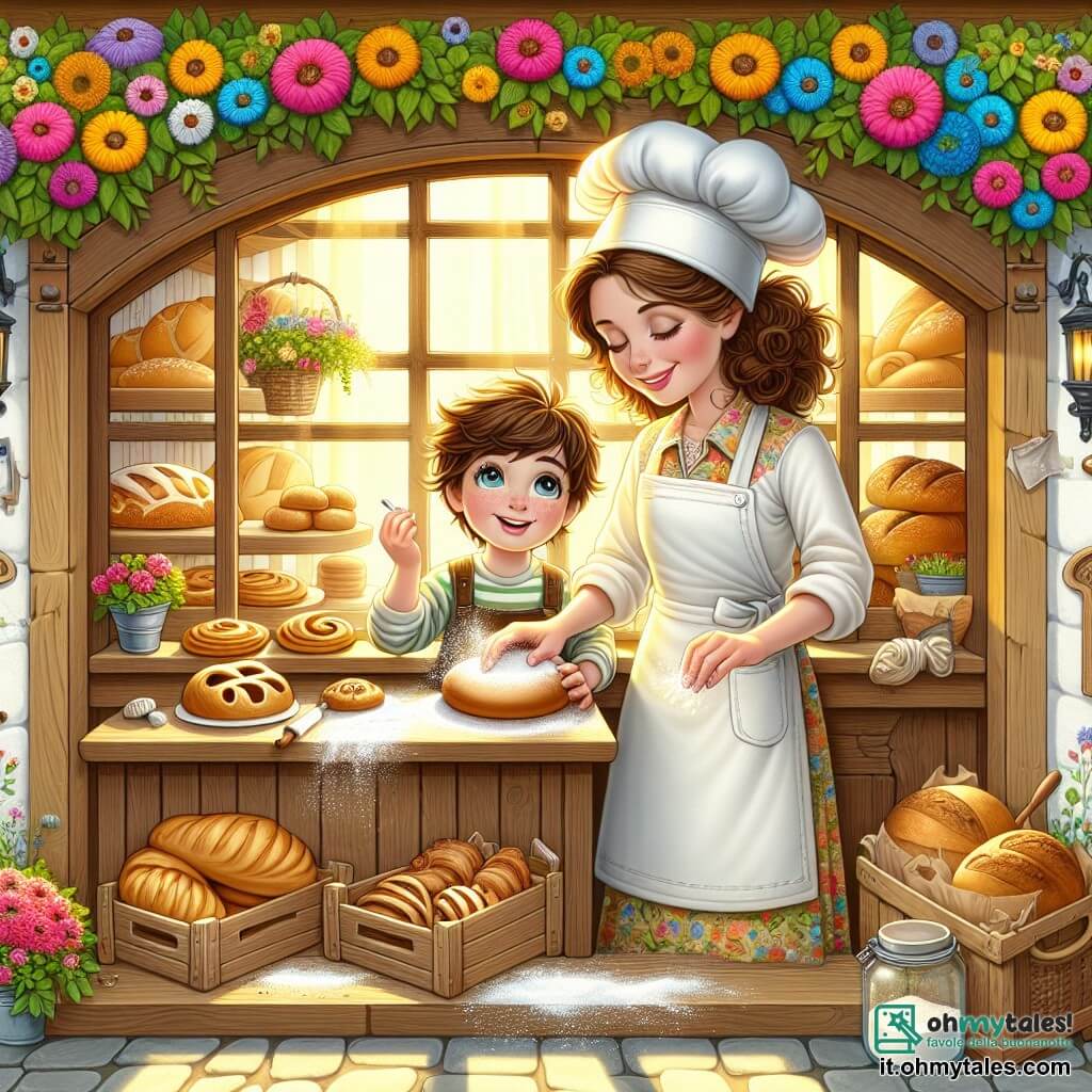 Illustrazione che rappresenta una deliziosa panetteria in legno, con una facciata colorata decorata da fiori vivaci e una grande vetrina dove si possono vedere pani dorati e dolci appetitosi. All'interno, una donna sorridente, di circa trent'anni, con capelli castani ricci, indossa un grembiule bianco e un cappello da panettiere, mentre sta impastando una palla di pasta su un grande piano di lavoro in legno. Accanto a lei, un ragazzo di dieci anni, con capelli castani disordinati e occhi scintillanti, osserva con meraviglia, le mani piene di farina, cercando di riprodurre i suoi gesti. La scena trasmette un'atmosfera calda e gioiosa, con raggi di sole che filtrano attraverso la finestra, illuminando i granelli di farina nell'aria. Utensili da cucina, sacchi di farina e barattoli di ingredienti sono sparsi intorno a loro, aggiungendo un tocco di vita a questa scena di creazione culinaria.