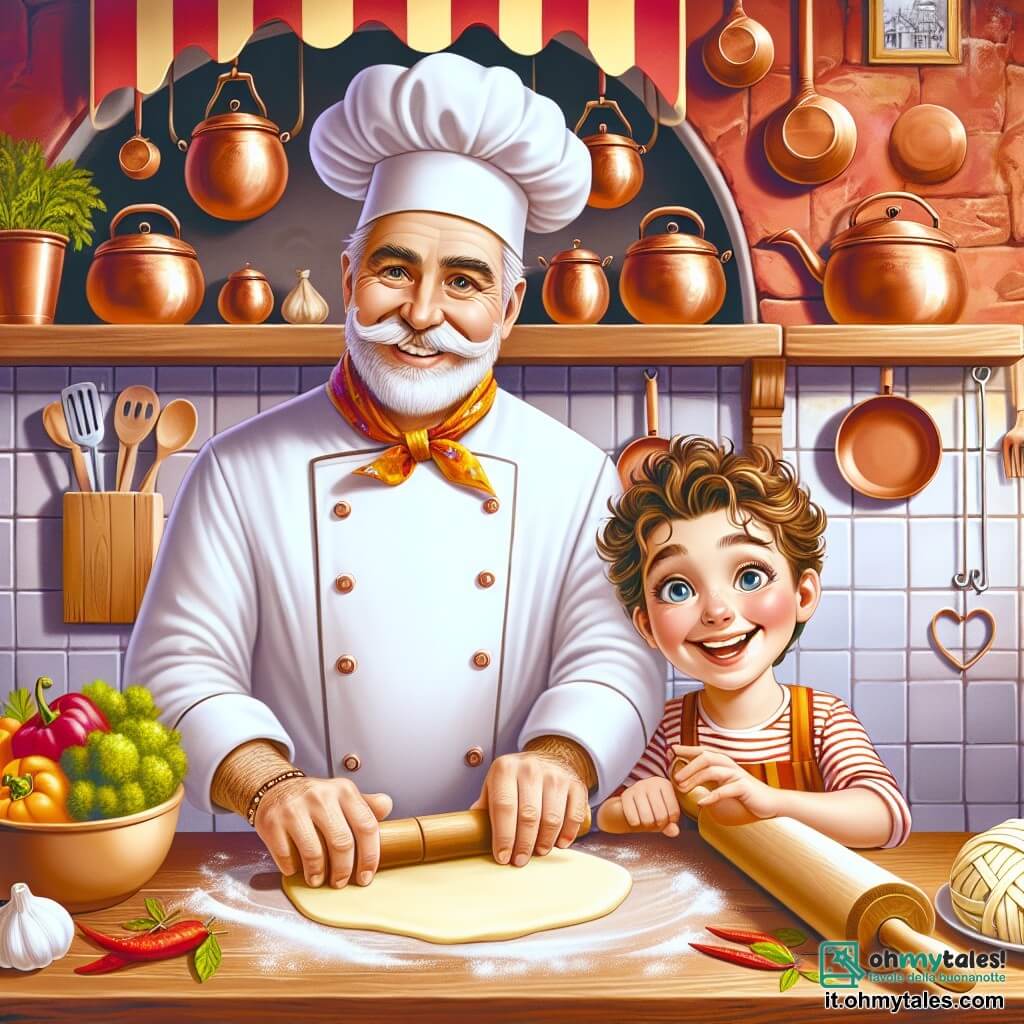Illustrazione che rappresenta una cucina vivace e colorata, piena di pentole di rame lucide e utensili da cucina appesi sopra un grande piano di lavoro in legno. Le pareti sono dipinte in tonalità calde di rosso e arancione, e erbe fresche sono disposte su mensole di legno. Al centro della scena, un uomo con un grande cappello bianco da chef, con una barba ben curata e occhi scintillanti di creatività, sta impastando con entusiasmo. Indossa una giacca da chef bianca impeccabile, e il suo sorriso caloroso illumina la stanza. Accanto a lui, un giovane ragazzo di circa dieci anni, con capelli ricci e un viso sorridente, osserva con meraviglia. Indossa un grembiule colorato e tiene un mattarello, pronto ad aiutare. Il suo sguardo è pieno di eccitazione e curiosità. La scena principale mostra l'uomo e il ragazzo mentre preparano dei ravioli, con la pasta stesa sul piano di lavoro e ingredienti colorati come pomodori, basilico e funghi sparsi attorno a loro. Risate e gioia si leggono sui loro volti, illustrando la magia della cucina e il piacere di condividere un momento insieme. Bolle di dialogo potrebbero mostrare la loro complicità, con parole come "Guarda, è come un viaggio!" che fluttuano sopra di loro.