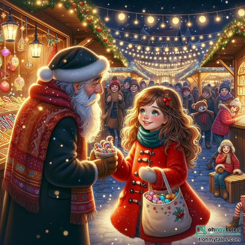 Illustrazione che rappresenta un mercatino di Natale incantevole, illuminato da luci scintillanti e lanterne colorate. I banchi di legno sono carichi di dolciumi, giocattoli di legno e decorazioni festive, mentre fiocchi di neve cadono dolcemente dal cielo stellato. In primo piano, una ragazza di 11 anni, con capelli castani ondulati e occhi verdi vivaci, indossa un cappotto rosso vivo e una sciarpa di lana. Sorride con entusiasmo, tenendo una borsa di tela piena di caramelle, pronta ad aiutare a ritrovare il sacco di Natale smarrito. Accanto a lei, un uomo anziano, con una lunga barba bianca e un cappotto rosso, appare preoccupato ma caloroso. Guarda la ragazza con gratitudine, i suoi occhi brillano di magia e speranza, mentre tiene in mano una lista di regali. La scena cattura il momento in cui la ragazza offre il suo aiuto per ritrovare il sacco di Natale, circondata dall'atmosfera gioiosa del mercatino, con bambini che ridono e famiglie che si radunano intorno ai banchi. Stelle scintillanti illuminano il cielo, aggiungendo un tocco di magia a questo incontro festivo.
