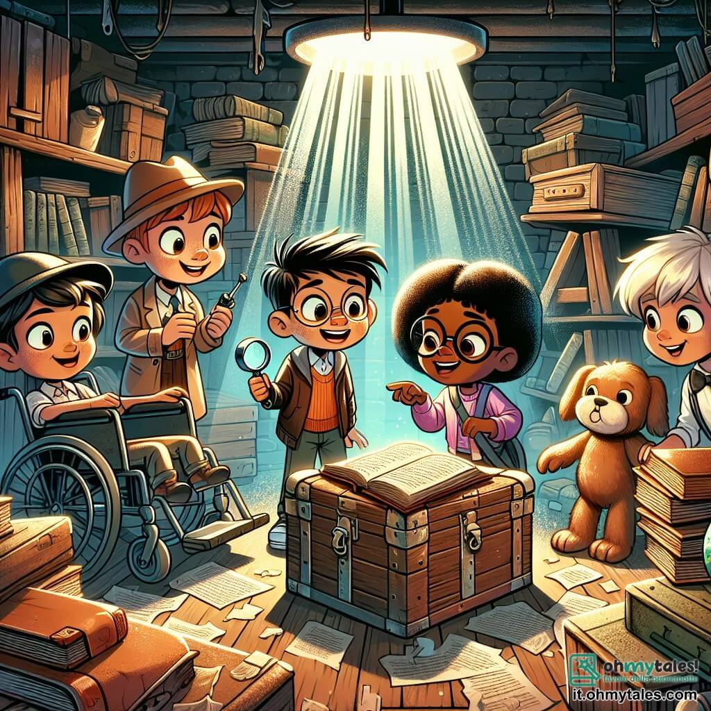 Illustrazione che rappresenta un vecchio sotterraneo misterioso, pieno di casse di legno, libri polverosi e un grande baule di legno al centro, con raggi di luce che filtrano da una piccola finestra. In questa scena, un ragazzo di otto anni, con un cappello da detective e una lente d'ingrandimento in mano, guarda con meraviglia un vecchio libro aperto su un tavolo. Accanto a lui, una ragazza di sette anni, con grandi occhiali e un sorriso radioso, punta il dito su un vecchio mappamondo. Un ragazzo di nove anni, con i capelli arruffati e un'espressione di eccitazione misto a paura, si tiene leggermente in disparte, mentre una ragazza di otto anni, su una sedia a rotelle, osserva attentamente, pronta a dare consigli. La situazione principale mostra i piccoli avventurieri che scoprono un antico segreto, uniti dalla loro curiosità e spirito di squadra, circondati da oggetti misteriosi e da un'atmosfera avventurosa. Ulteriori dettagli includono ragnatele negli angoli, ombre intriganti e riflessi di luce dorata che aggiungono un tocco magico all'insieme.