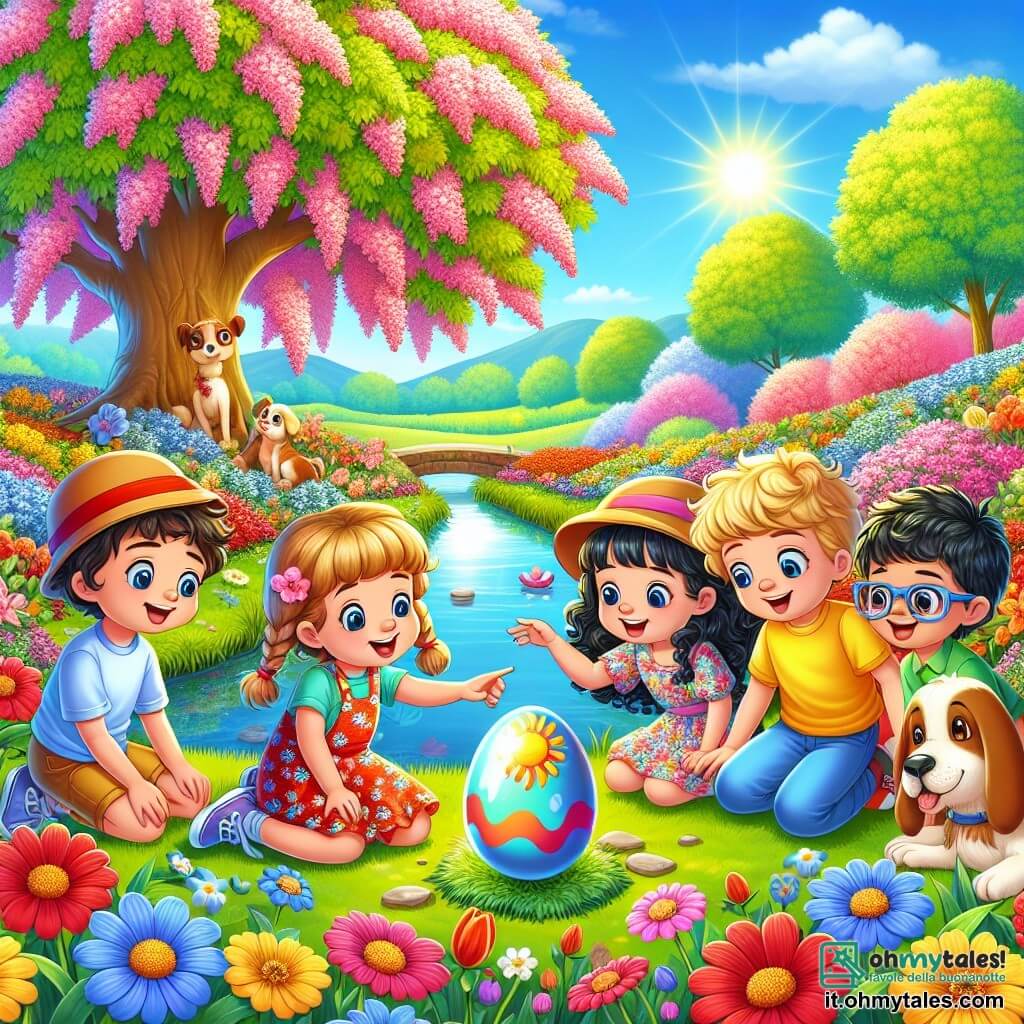 Illustrazione che rappresenta un magnifico giardino in piena primavera, pieno di fiori colorati con petali brillanti di rosso, giallo e blu. Al centro, un grande albero di ciliegio con rami carichi di fiori rosa, circondato da un piccolo laghetto dalle acque cristalline, dove si riflettono i raggi del sole. In questa scena, ci sono quattro bambini: un ragazzo di circa 8 anni, con capelli castani e ricci, che indossa una maglietta gialla e un pantaloncino blu, guarda con meraviglia un uovo scintillante posato su una pietra. Accanto a lui, una ragazza di 7 anni, con capelli lunghi e biondi intrecciati, vestita con un abito a fiori, indica l'uovo con un grande sorriso. Un altro ragazzo, di 9 anni, con occhiali e capelli neri, è seduto sull'erba, ridendo gioiosamente, mentre un ragazzo di 10 anni, non vedente, è in piedi con un cane guida al suo fianco, ascoltando attentamente le storie che il cane racconta. La scena principale mostra i bambini che scoprono l'uovo magico nel giardino, circondati da risate e meraviglia, mentre una piccola rana con un cappello buffo li osserva dal bordo del laghetto, aggiungendo un tocco di magia a questa scena gioiosa. Dei coriandoli colorati fluttuano nell'aria e delle farfalle danzano intorno a loro, creando un'atmosfera festosa e incantata.