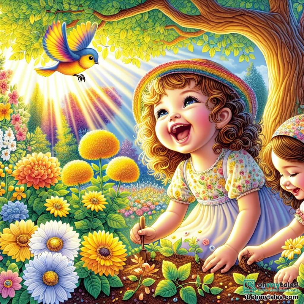 Illustrazione che rappresenta un giardino primaverile splendente di colori, con fiori gialli e bianchi che danzano sotto la dolce brezza. Al centro, una bambina di un anno, con capelli ricci e occhi scintillanti, indossa un bel cappello colorato e sorride gioiosamente guardando un albero maestoso con foglie verdi brillanti. Accanto a lei, una donna di una trentina d'anni, con capelli lunghi e castani, vestita con un abito leggero, si accovaccia per piantare semi nel terreno, con un sorriso benevolo sul volto. La bambina, con le mani piene di terra, scoppia a ridere osservando un uccello colorato posato su un ramo, che canta una dolce melodia. I raggi di sole filtrano tra le foglie, creando un gioco di ombre e luci sul terreno, mentre una leggera brezza fa vibrare fiori e foglie, aggiungendo un tocco di magia a questa scena primaverile.