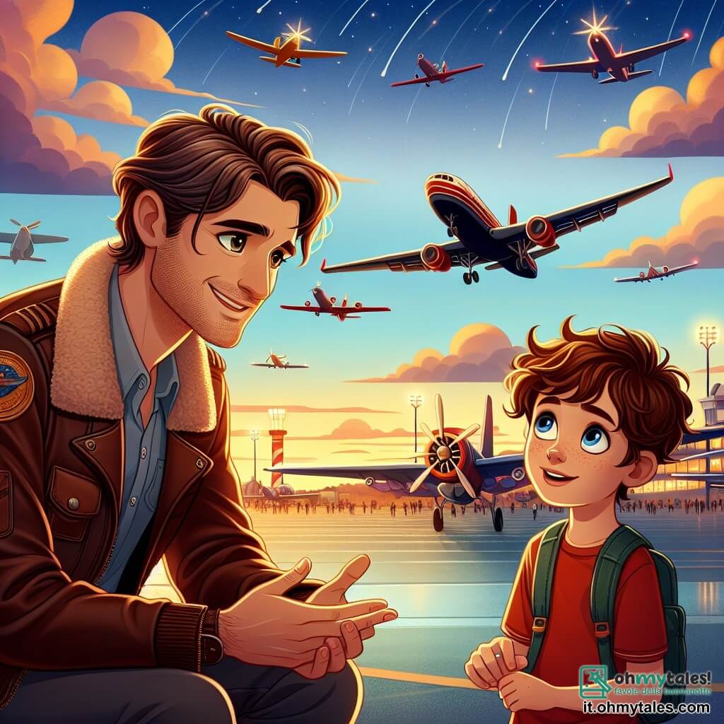 Illustrazione che rappresenta un aeroporto animato al crepuscolo, con aerei colorati allineati sulla pista, luci scintillanti e un cielo dalle tonalità dorate e arancioni. In primo piano, un uomo sulla trentina, con capelli castani leggermente ondulati, indossa una giacca da pilota in pelle e sorride calorosamente, accovacciato per parlare con un ragazzo di dieci anni. Il ragazzo, con capelli castani arruffati e una maglietta rossa, guarda l'uomo con occhi brillanti di curiosità, le mani che gesticolano con entusiasmo. La scena trasmette un'atmosfera di meraviglia e ispirazione, mentre l'uomo condivide storie di volo e avventura, mentre un aereo decolla maestosamente sullo sfondo, simboleggiando i sogni di viaggio e libertà. Nuvole soffici fluttuano nel cielo, aggiungendo un tocco di magia a questo incontro speciale.