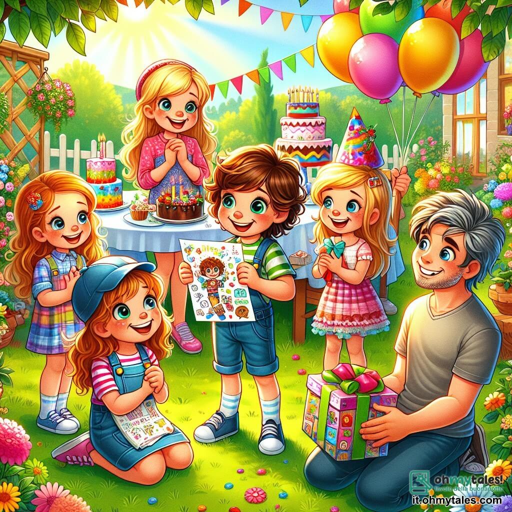 Illustrazione che rappresenta un giardino soleggiato, pieno di fiori colorati e di verde lussureggiante. Al centro, un gruppo di cinque bambini, tre ragazze e due ragazzi, è in cerchio. Uno dei ragazzi, di sette anni, ha i capelli castani e ricci, sorride entusiasta tenendo una lettera decorata con disegni. Accanto a lui, una ragazza con capelli biondi e lunghi, di sei anni, guarda con occhi brillanti, tenendo un pacco regalo colorato. Un'altra ragazza, con capelli castani e un cappellino, di sette anni, mostra un disegno a suo padre, un uomo sorridente con capelli brizzolati, vestito con una maglietta casual. Il padre, in ginocchio, guarda il suo bambino con orgoglio e amore. Sullo sfondo, palloncini colorati fluttuano nell'aria e un tavolo è imbandito con torte e dolci, creando un'atmosfera festosa e gioiosa.