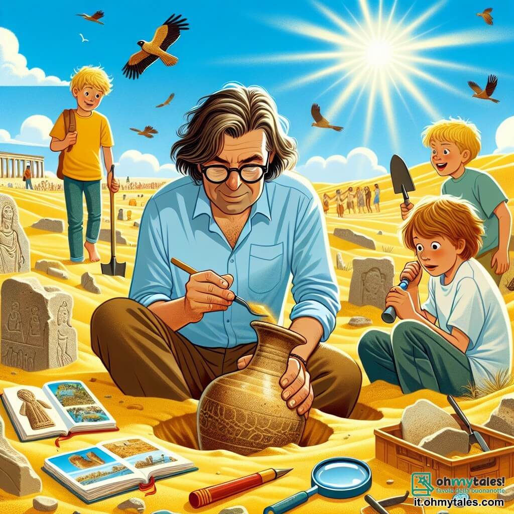 Illustrazione che rappresenta un sito archeologico soleggiato, con dune di sabbia dorata e resti di pietre antiche che emergono dal terreno. Al centro, un uomo di mezza età, con i capelli castani leggermente arruffati e occhiali sul naso, è accovacciato, tenendo una pala in una mano e un pennello nell'altra, concentrato su un antico vaso che ha appena scoperto. Nelle vicinanze, due ragazzi di circa 10 anni, con capelli biondi e volti curiosi, osservano con meraviglia, uno con una lente d'ingrandimento e l'altro con un quaderno per prendere appunti. La scena mostra l'eccitazione della scoperta, con strumenti archeologici sparsi attorno a loro, e un cielo blu punteggiato di nuvole bianche. Uccelli volano sopra, aggiungendo un tocco di vita a questa affascinante avventura.