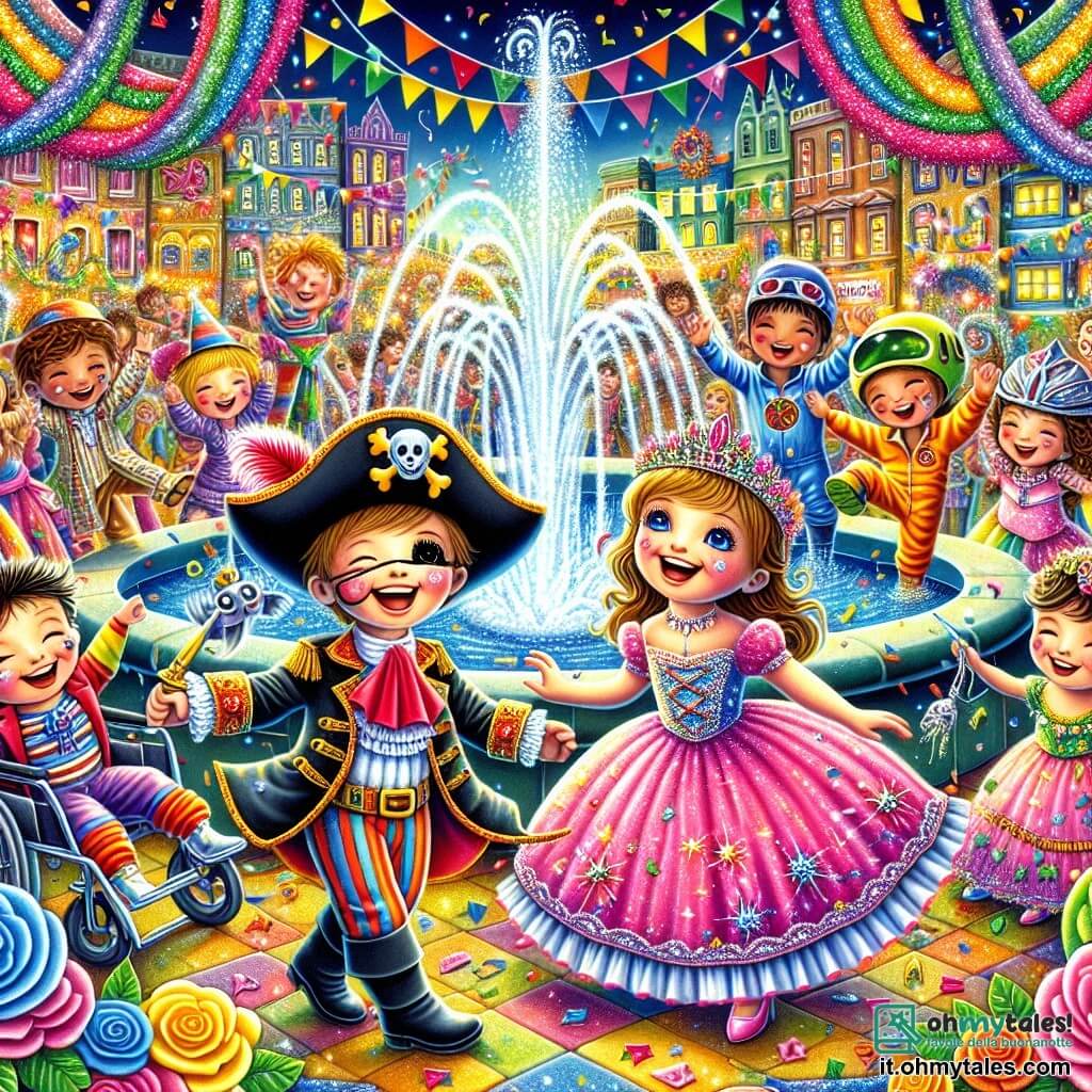 Illustrazione che rappresenta una scena vibrante del Carnevale in una grande città colorata. Al centro, una fontana scintillante spruzza acqua, circondata da fiori di carta multicolori e da ghirlande luminose. Dei bambini ballano gioiosamente attorno alla fontana, i loro costumi sgargianti illuminati dal sole. Un ragazzo di sette anni, con un grande sorriso, indossa un costume da pirata, un cappello nero decorato con una piuma rossa e una spada di plastica. Accanto a lui, una ragazza di sei anni, vestita con un magnifico abito da principessa rosa, si muove con grazia. Un altro ragazzo, sempre di sette anni, in costume da astronauta, si sposta su una sedia a rotelle, brandendo con entusiasmo una lente d'ingrandimento. La scena principale mostra i bambini che ballano in cerchio, pieni di gioia ed eccitazione, mentre un piccolo pesce d'argento salta fuori dalla fontana, pronto a rivelare loro il cammino verso un tesoro nascosto. Dei coriandoli colorati fluttuano nell'aria, aggiungendo un tocco festoso a questa scena magica del Carnevale.